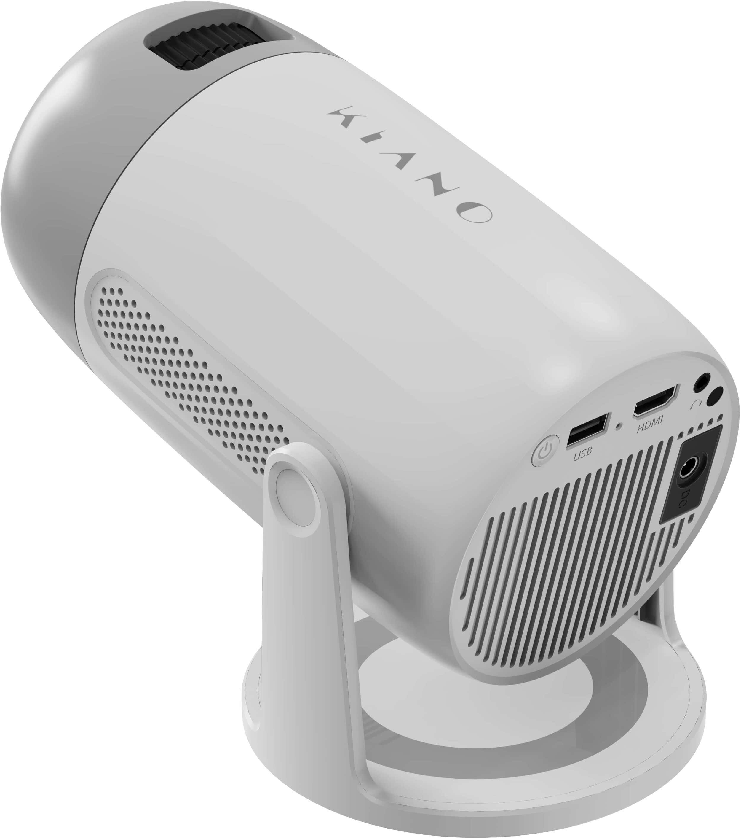 Biało-szary projektor z napisem 'Kiano', zamontowany na stojaku, z portami z tyłu.