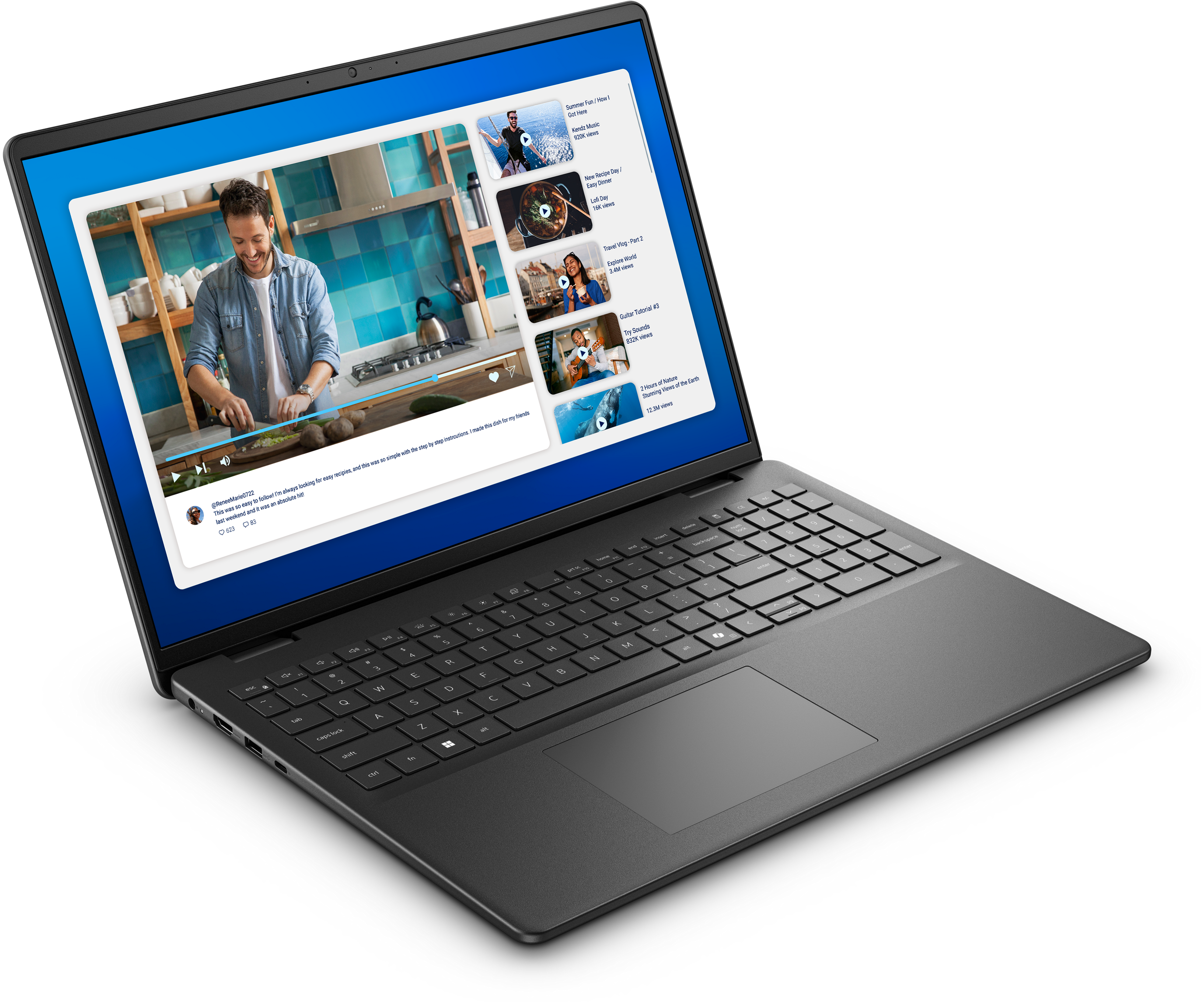 Laptop mit Kochvideo. Mann im Jeanshemd im Video. Tastatur und Touchpad sichtbar.