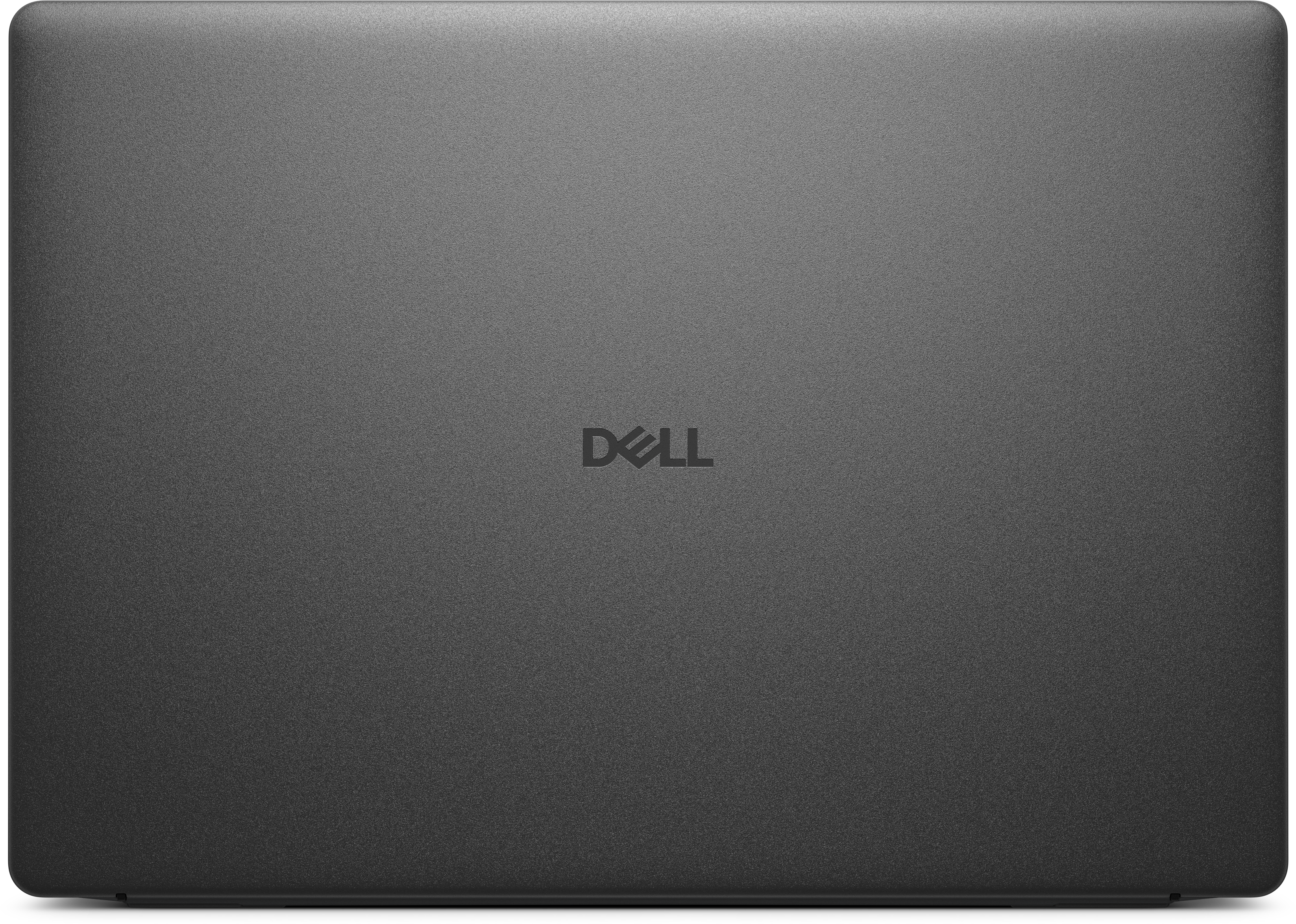 Ein geschlossener, dunkelgrauer Dell-Laptop. Das Dell-Logo befindet sich in der Mitte. Die Oberfläche hat eine Textur.