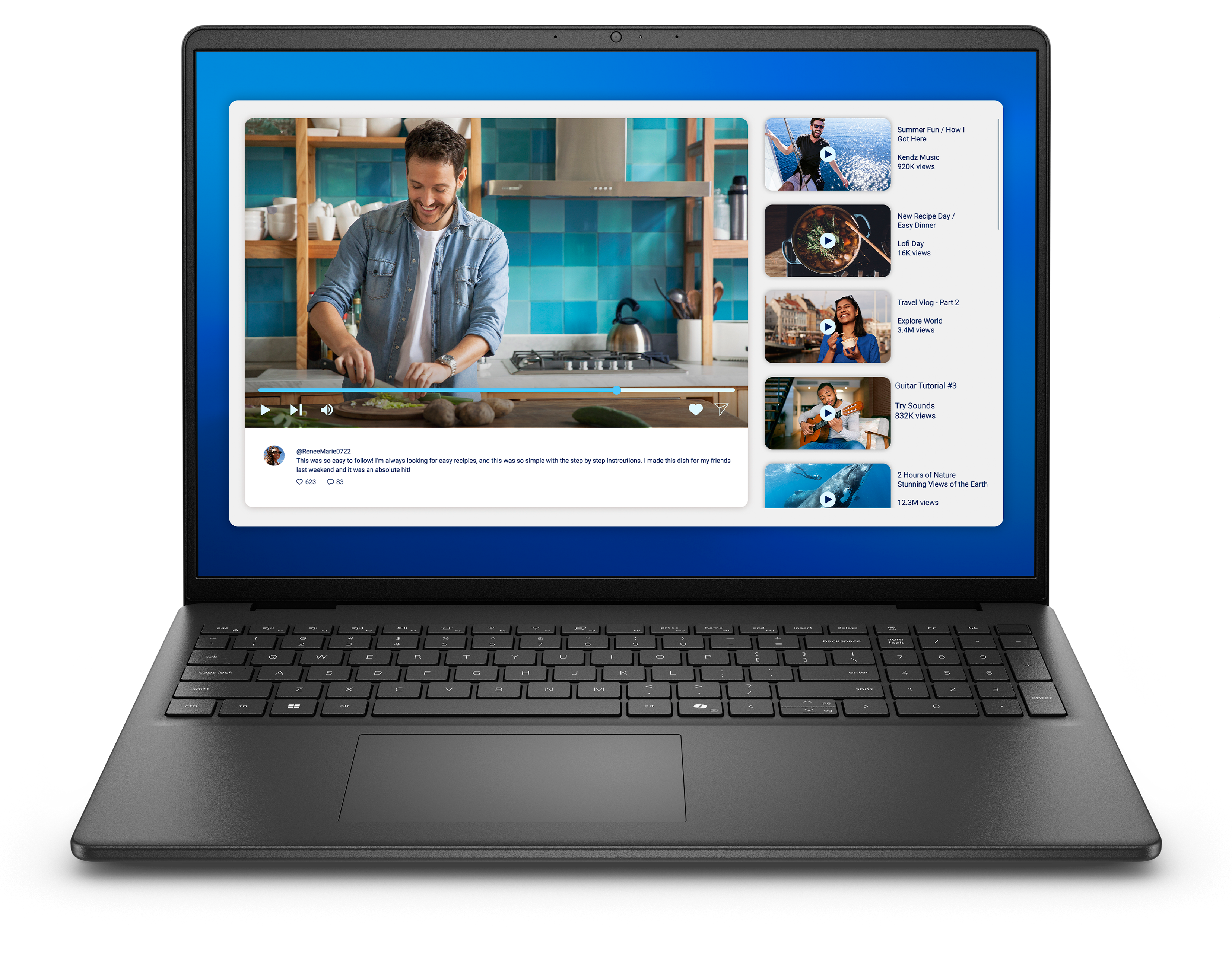 Ein Laptop zeigt ein Kochvideo. Ein Mann bereitet Essen zu. Andere Video-Miniaturansichten sind rechts sichtbar.
