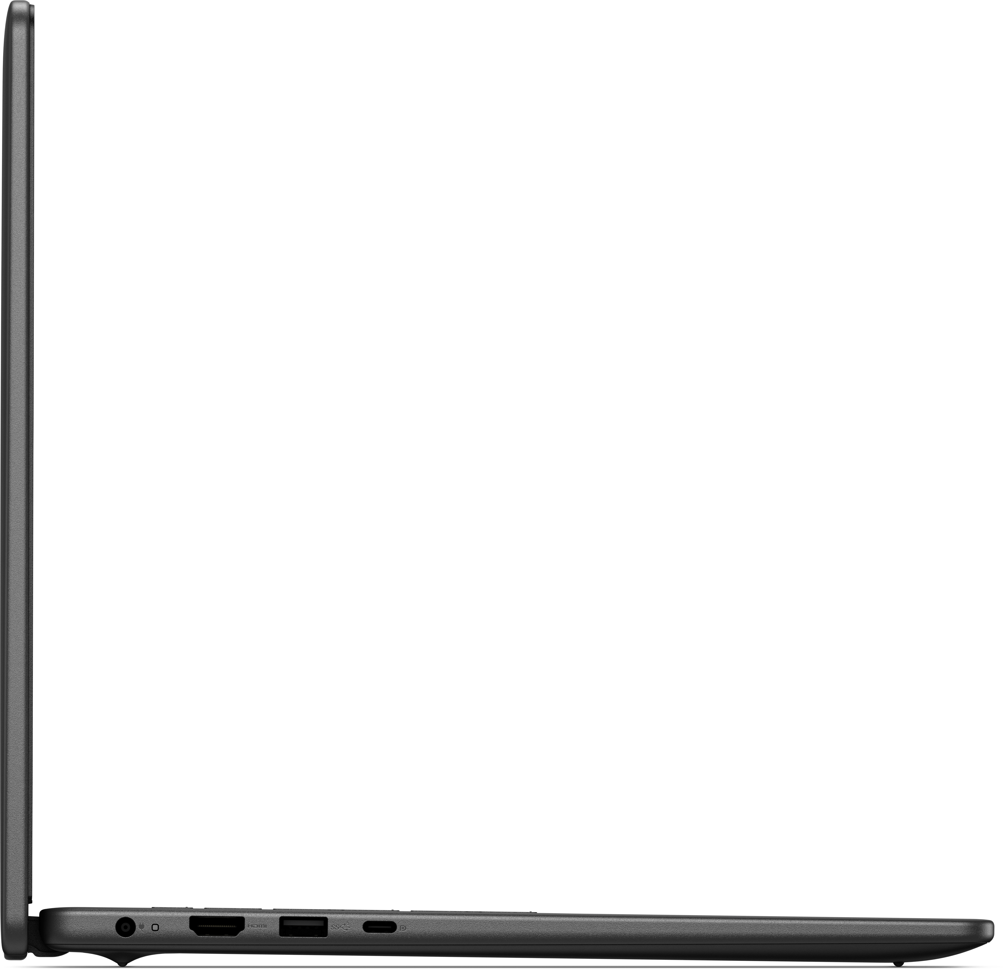 Seitenansicht eines dunkelgrauen Laptops. Sichtbare Anschlüsse sind Kopfhöreranschluss, HDMI-Anschluss und USB-Anschluss.
