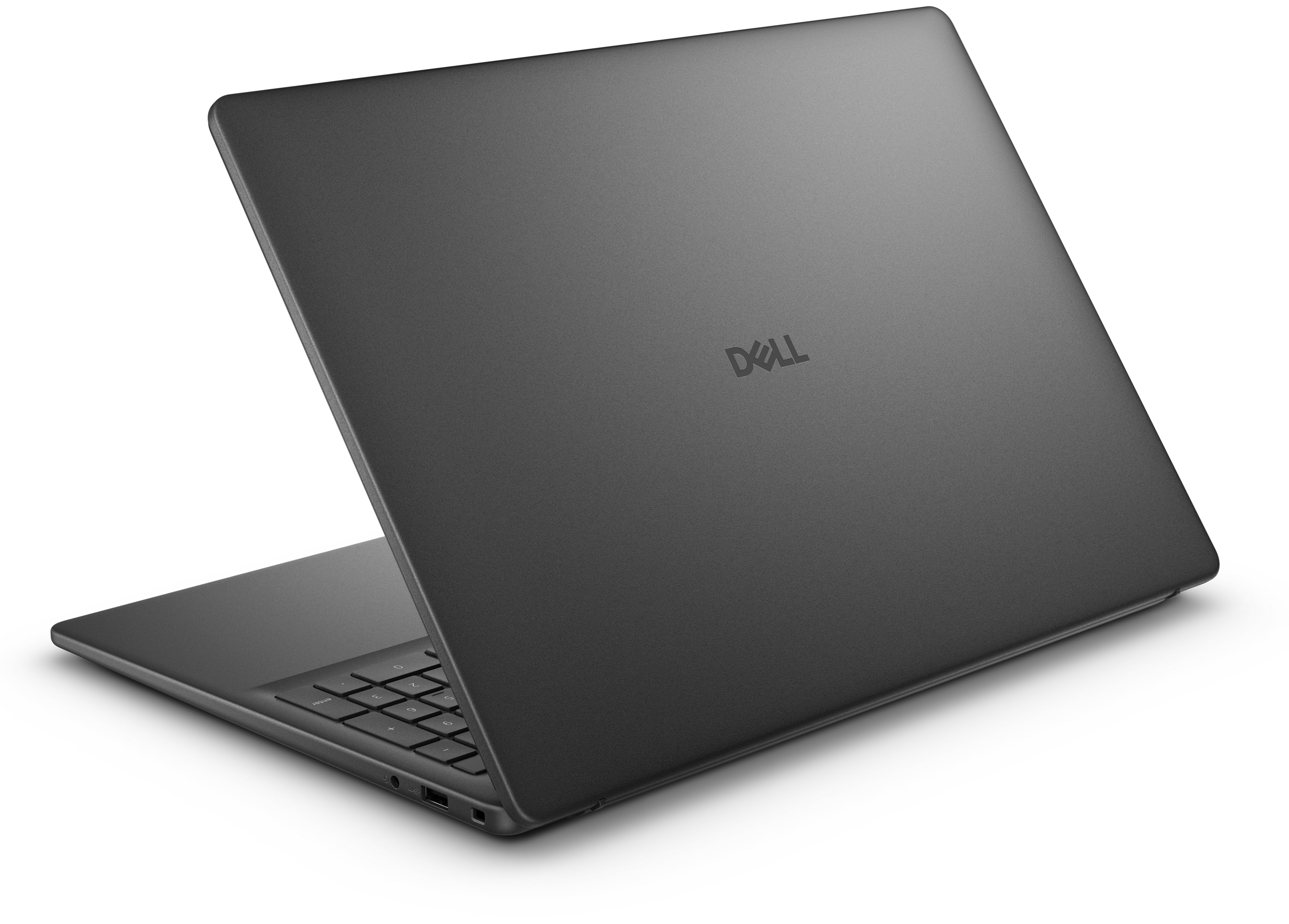 Ein dunkelgrauer Dell-Laptop ist auf schwarzem Hintergrund angewinkelt geöffnet. Das Dell-Logo ist sichtbar.