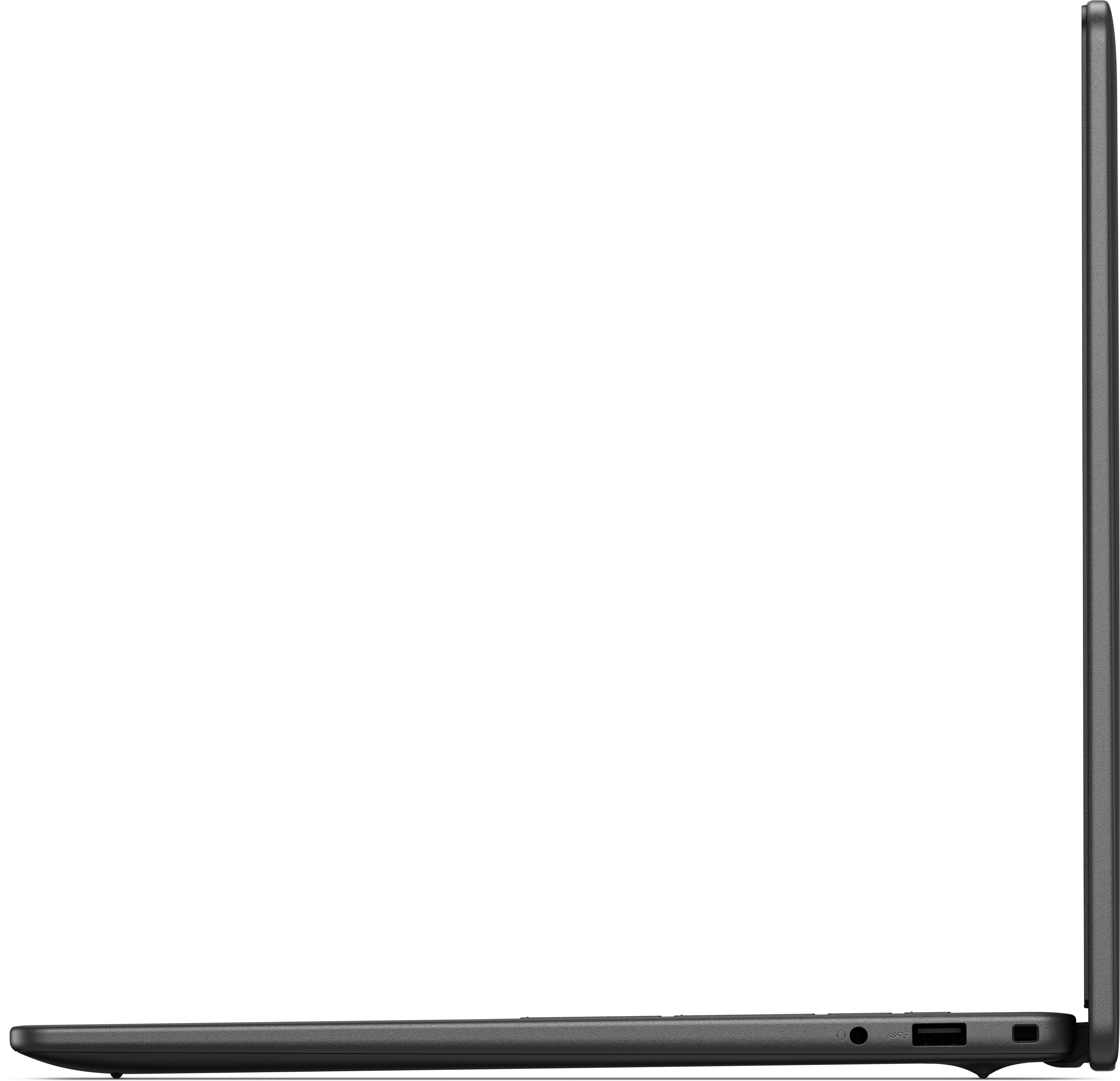 Seitenansicht eines geschlossenen, dunkelgrauen Laptops. Anschlüsse sind an der Seite sichtbar. Schwarzer Hintergrund.