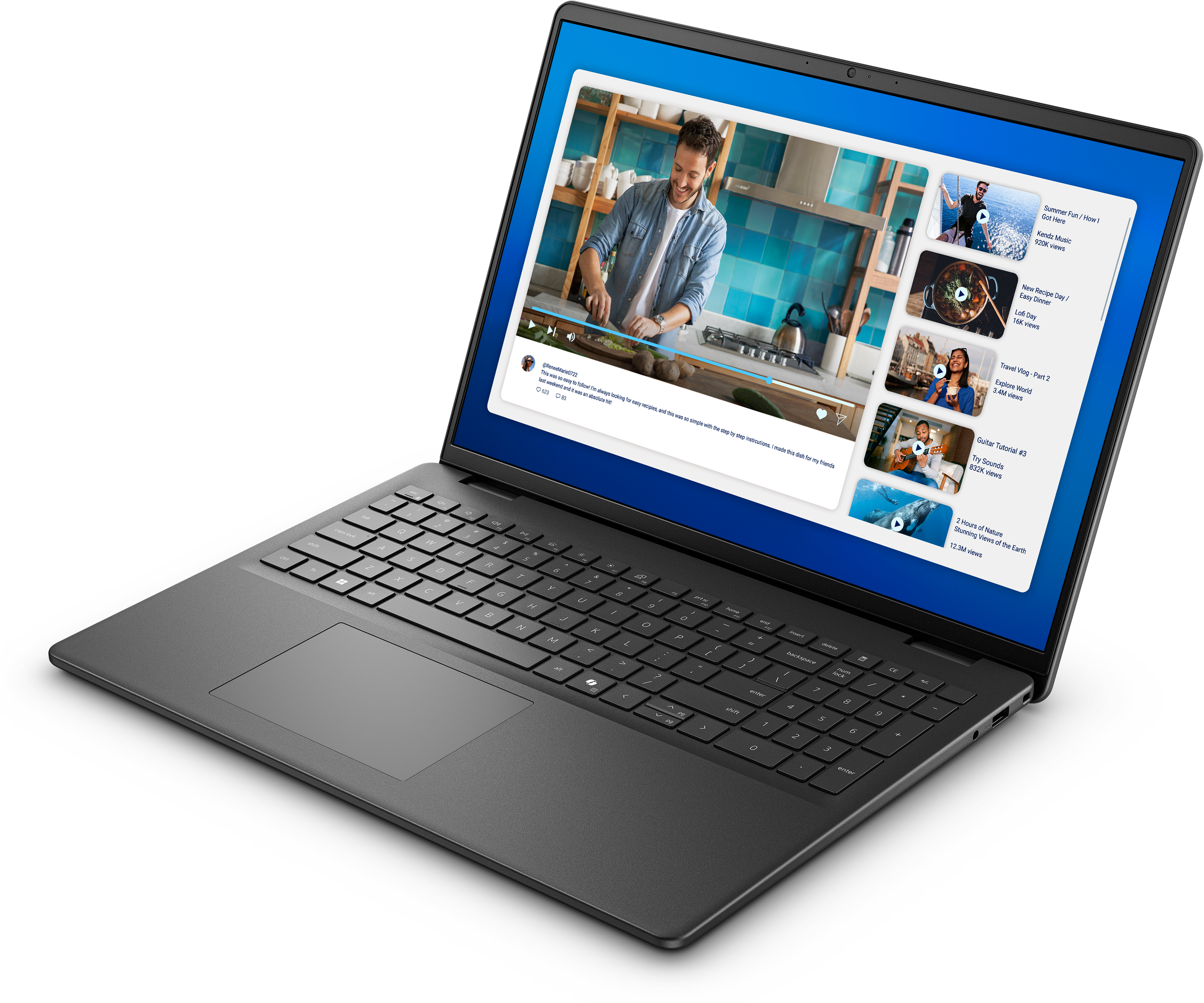 Laptop mit Kochvideo. Tastatur im Vordergrund. Der Hintergrund ist schwarz.