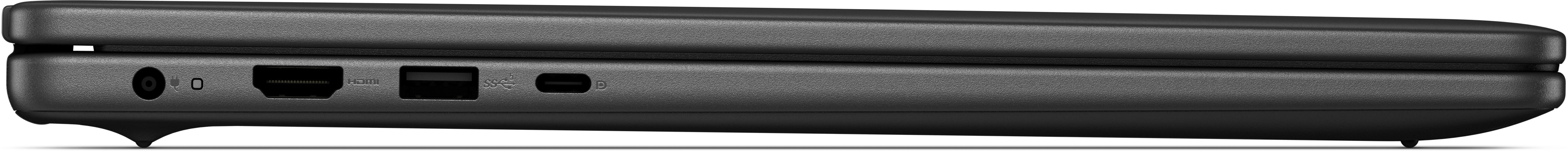 Seitenansicht eines geschlossenen, dunkelgrauen Laptops. Sichtbare Anschlüsse sind Strom, HDMI, USB und USB-C.
