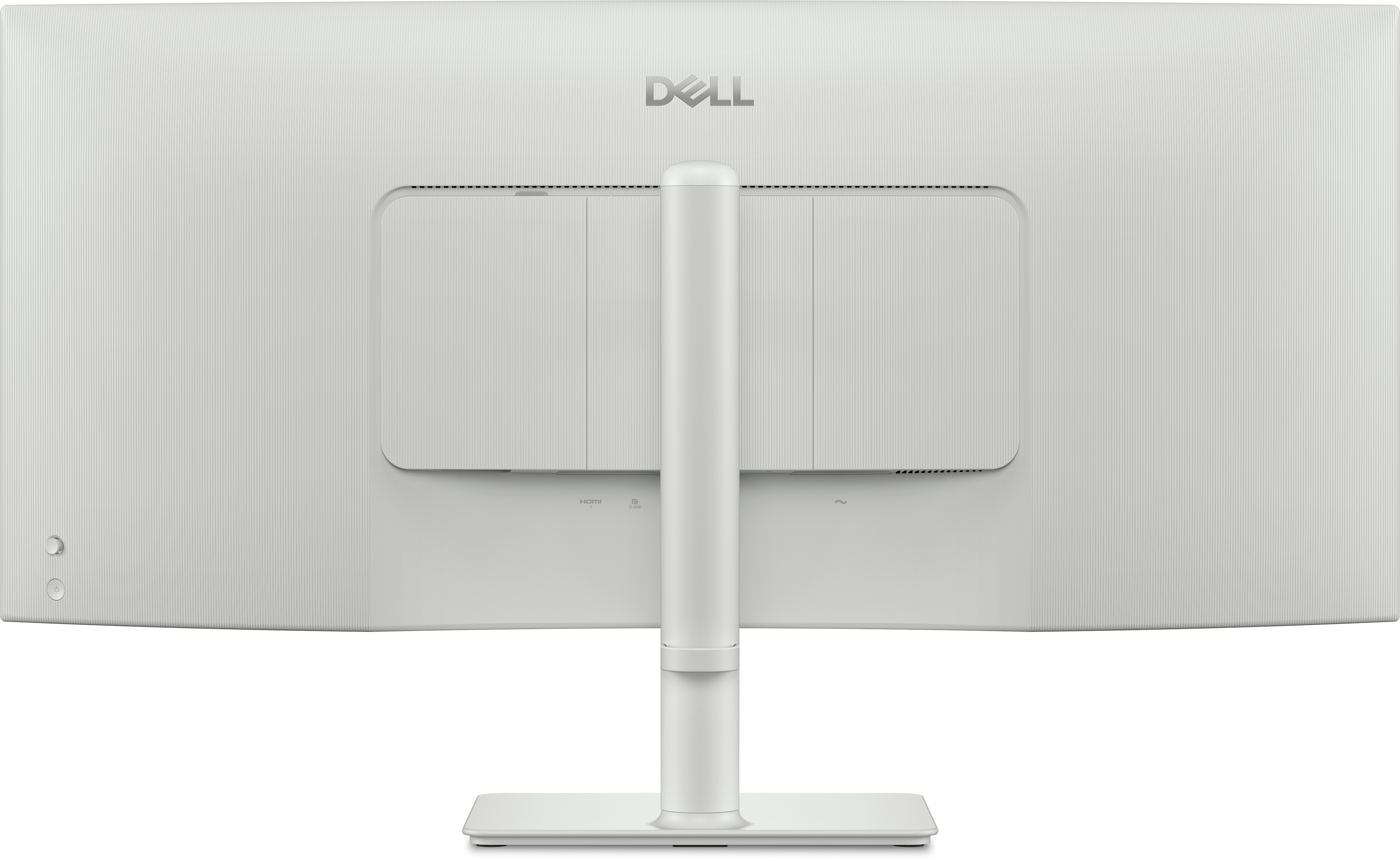 Rückansicht eines weißen Dell-Monitors mit Ständer. Der Monitor hat Anschlüsse für HDMI und Strom.