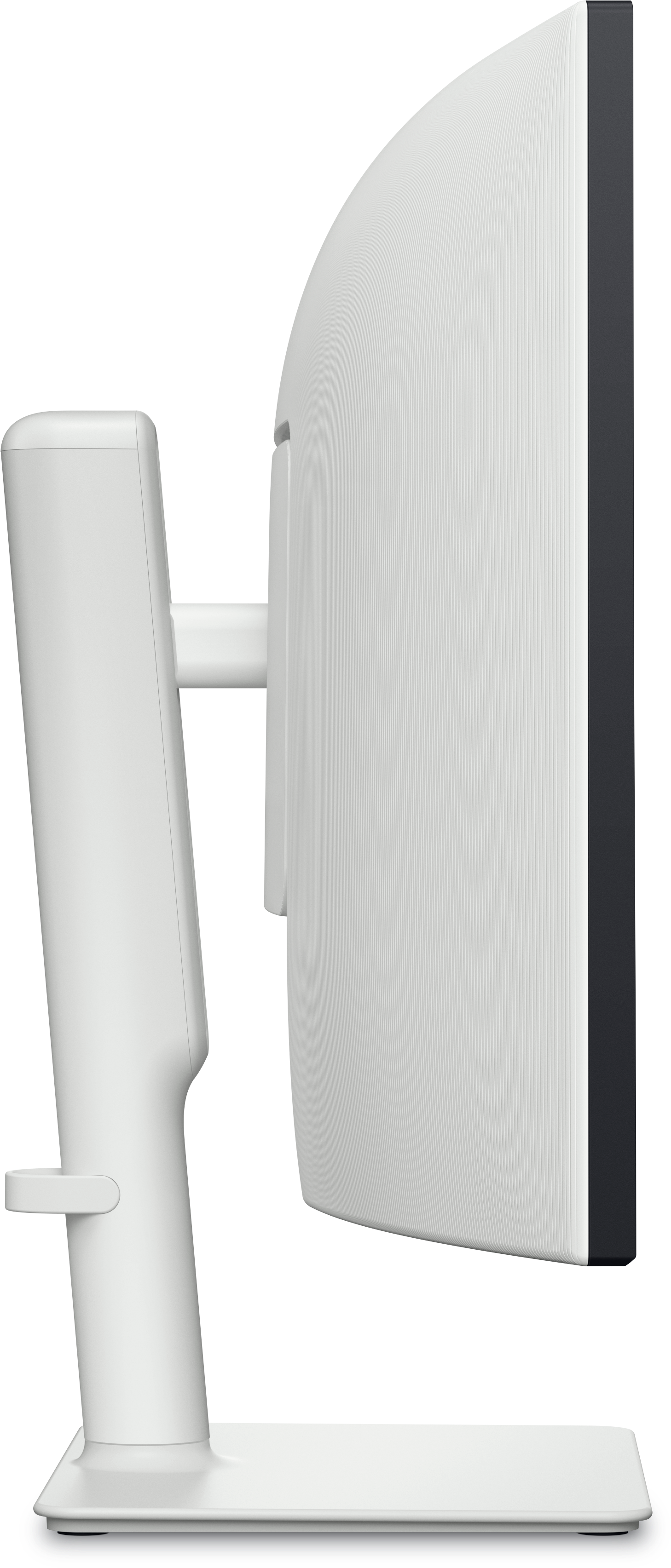 Ein weißer Computermonitor von der Seite. Er hat einen gebogenen Bildschirm mit vertikalen Linien. Der Ständer und die Basis sind weiß.