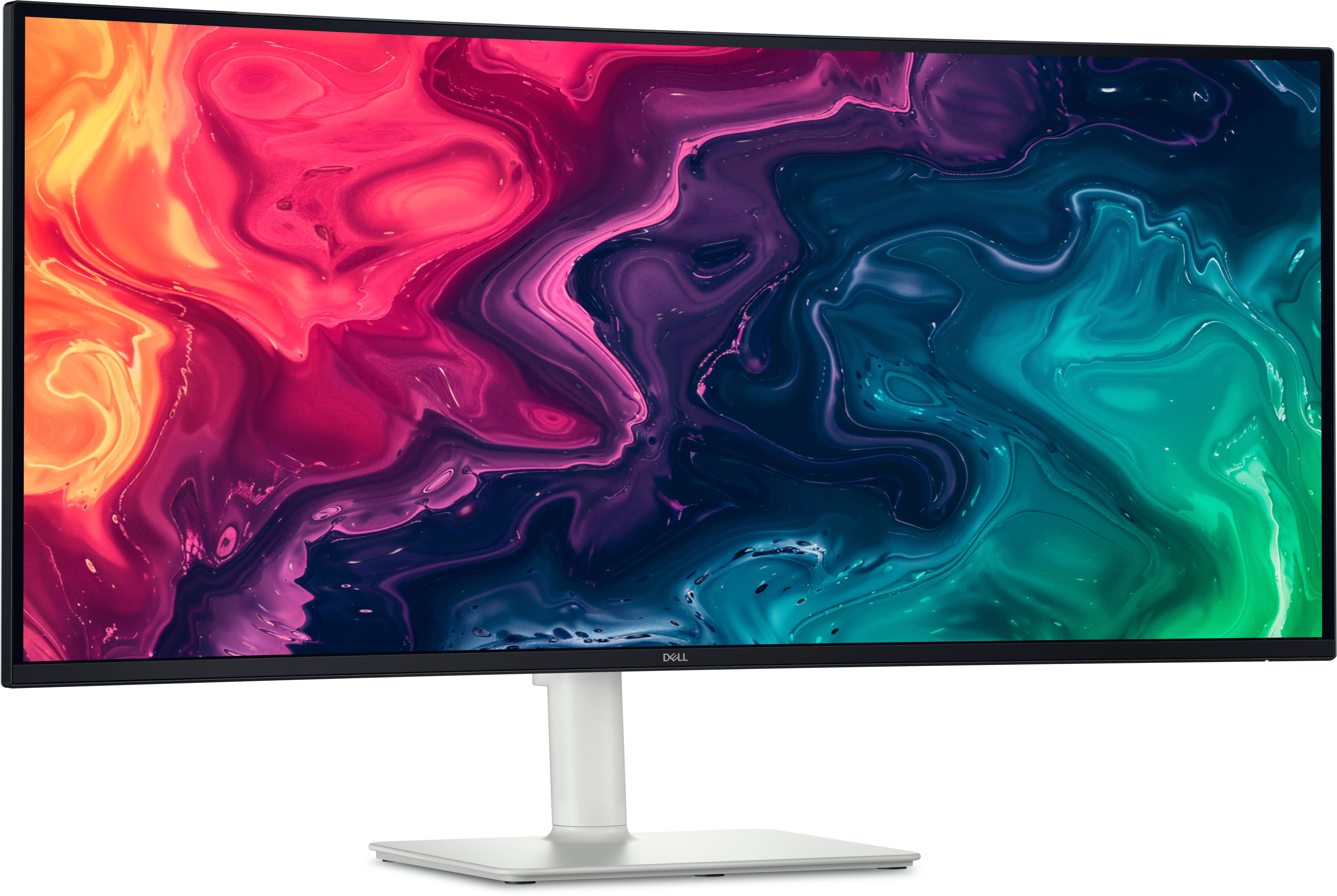Ein Dell-Monitor zeigt ein farbenfrohes, abstraktes Muster. Es hat einen weißen Ständer und einen schwarzen Hintergrund.