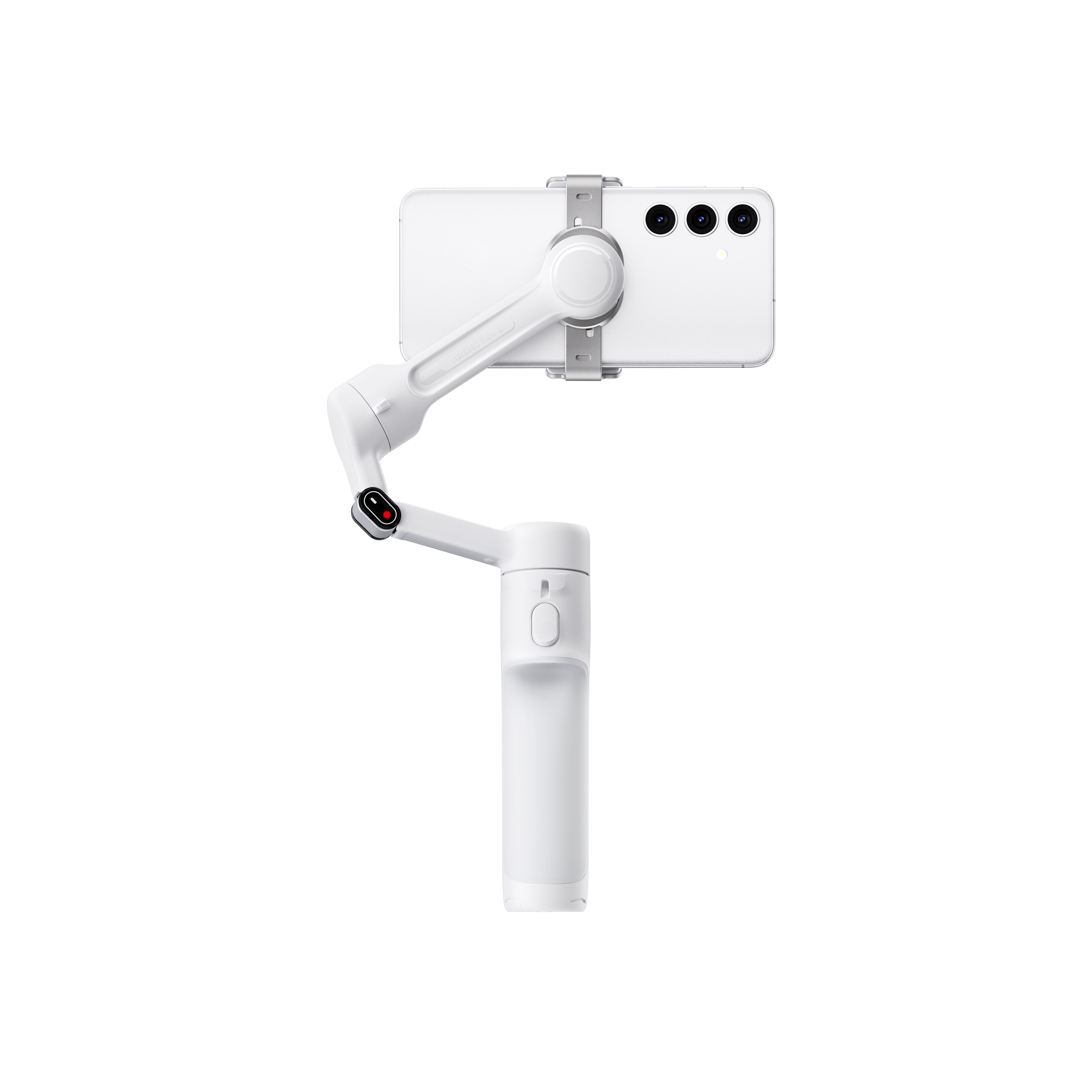 Weißes Smartphone, gehalten von einem weißen Gimbal-Stabilisator, alles auf weißem Hintergrund. Das Telefon hat drei Kameralinsen.