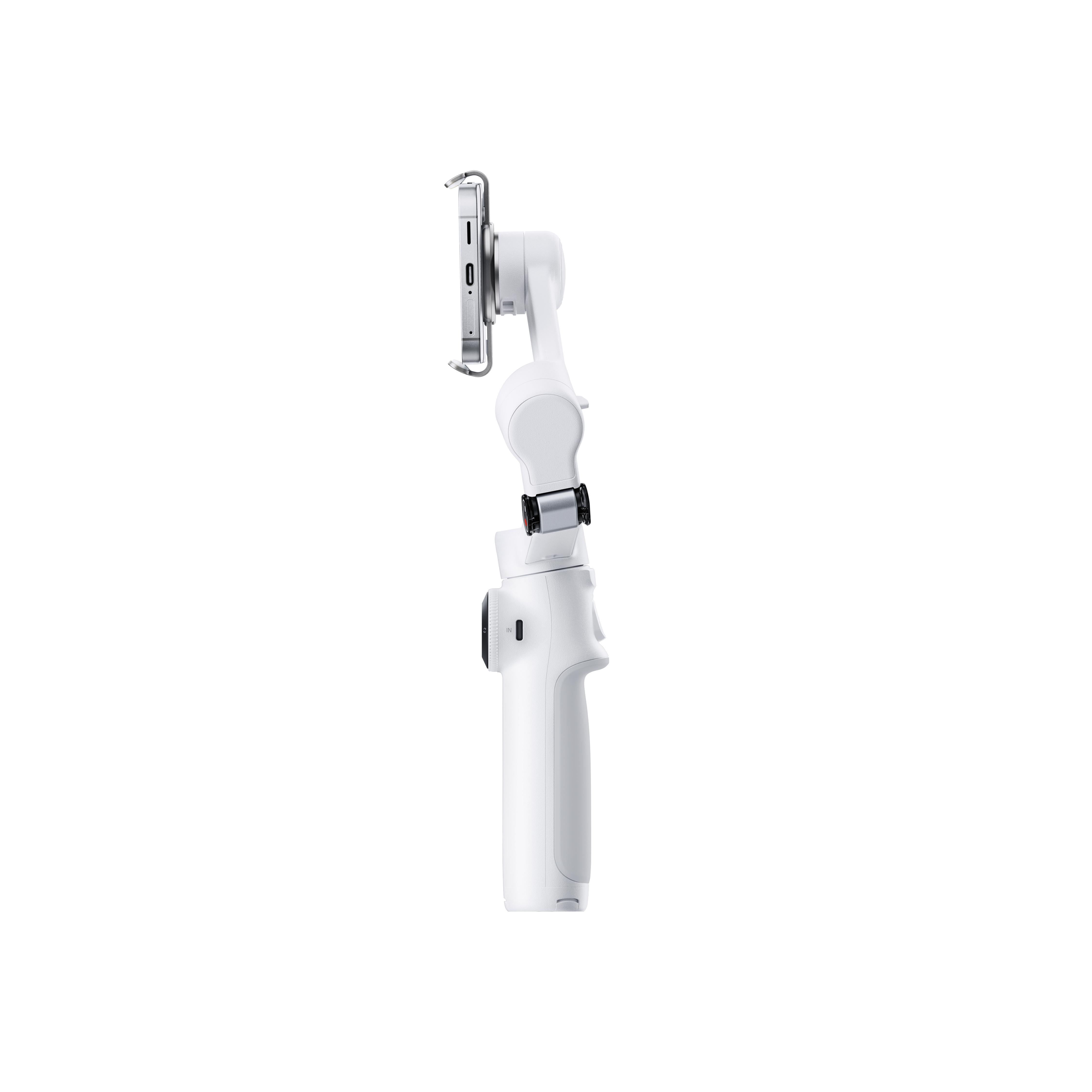Ein weißer Smartphone-Stabilisator mit befestigtem Telefon. Es ist ein Handheld-Gerät mit Griff.