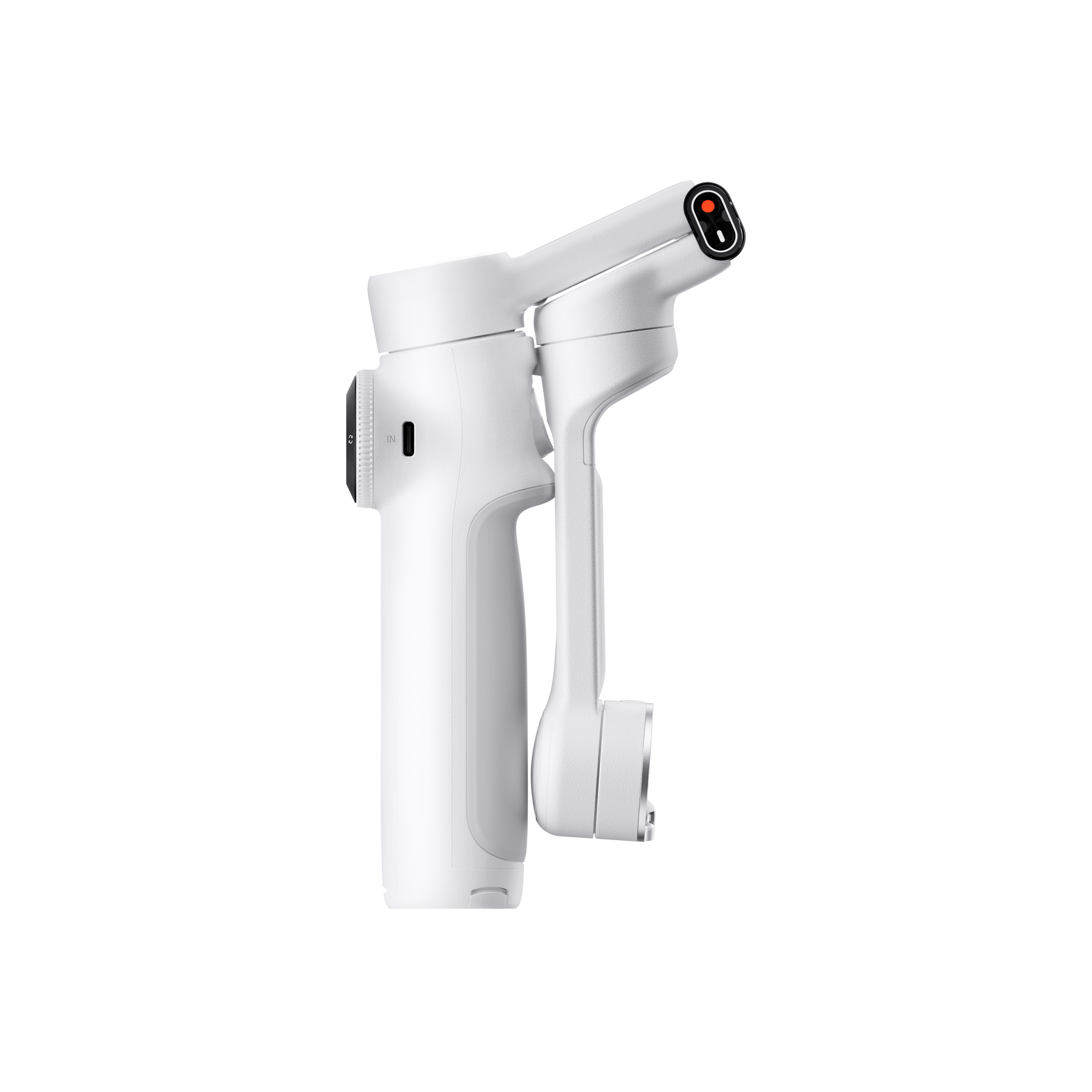 Ein weißer Hand-Gimbal-Stabilisator wird auf weißem Hintergrund gezeigt. Es hat eine rote Aufnahmetaste.