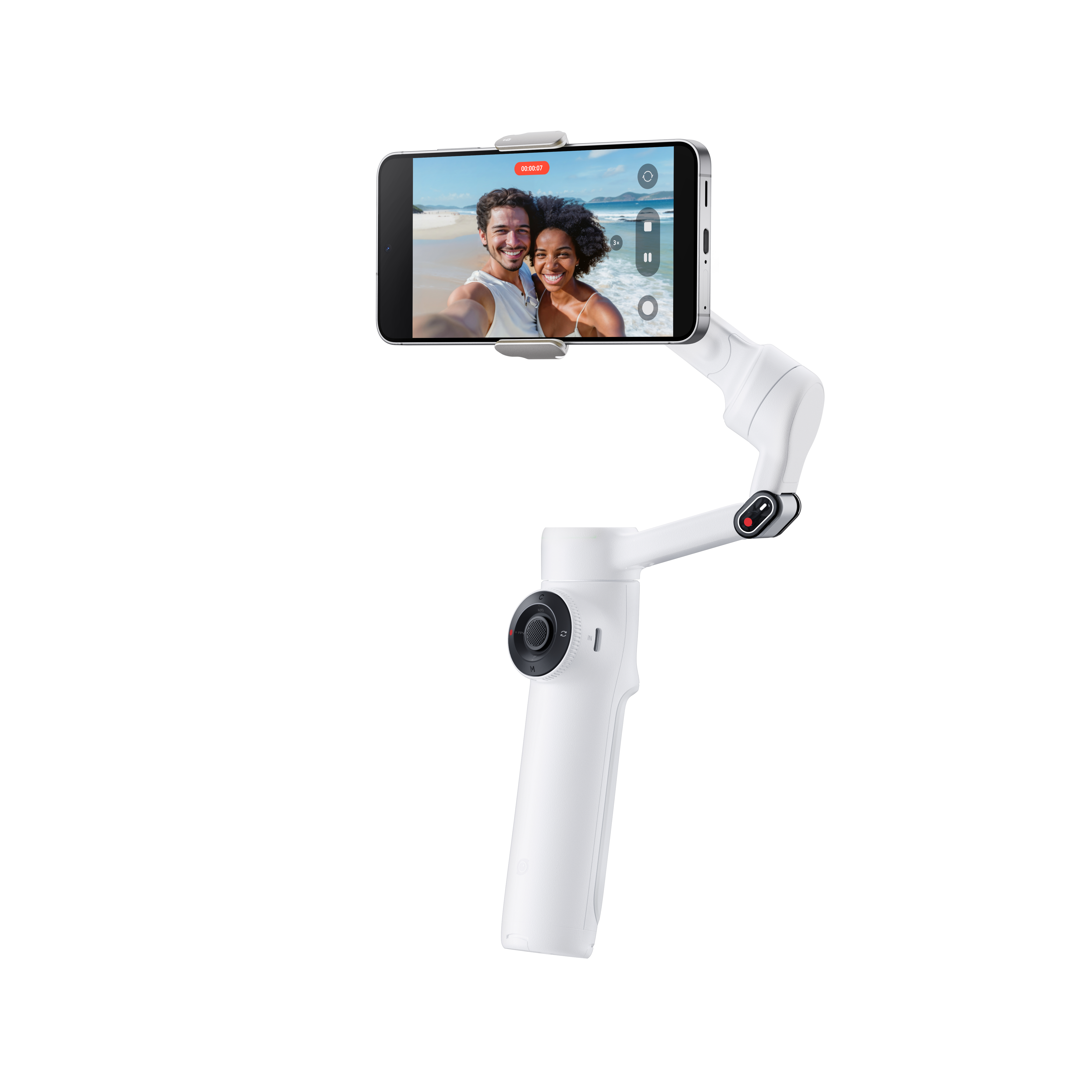 Weißer Telefonstabilisator, der ein Telefon mit einem Paar hält, das ein Selfie am Strand macht.