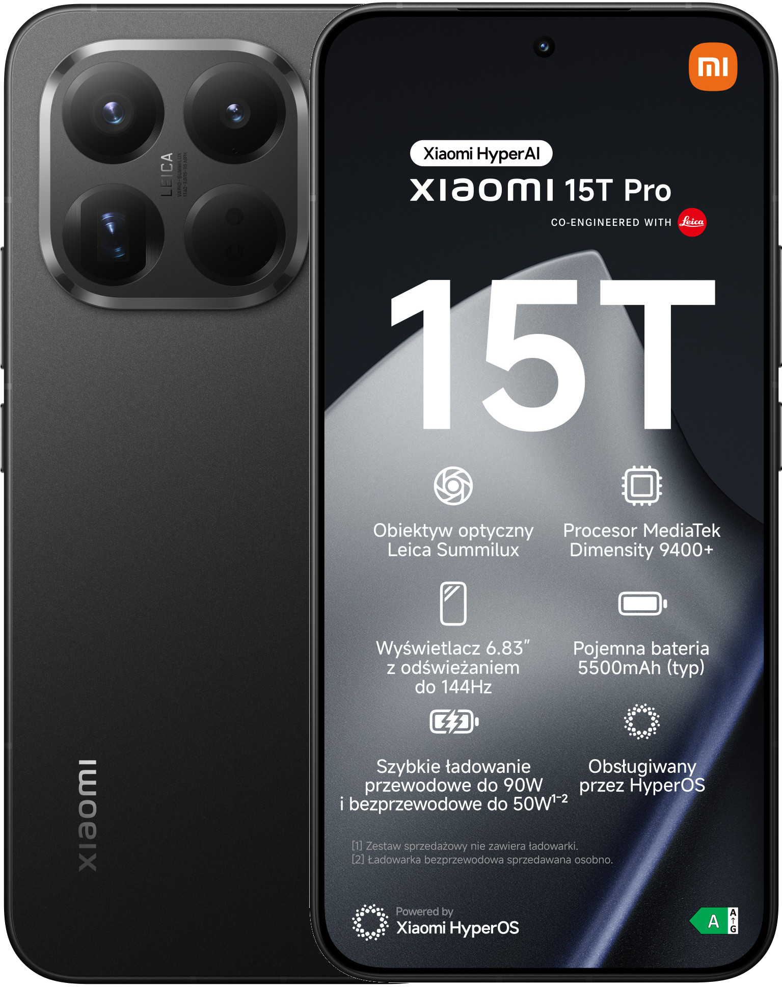 Czarny telefon Xiaomi 15T Pro. Zawiera aparat Leica, duży wyświetlacz i HyperOS. Specyfikacje są wyświetlane na ekranie.