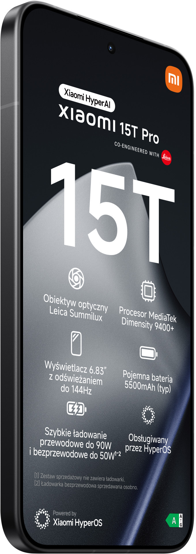 Czarny telefon Xiaomi 15T Pro wyświetla specyfikacje. Pokazuje logo Leica, duży '15T' i funkcje, takie jak aparat i bateria.