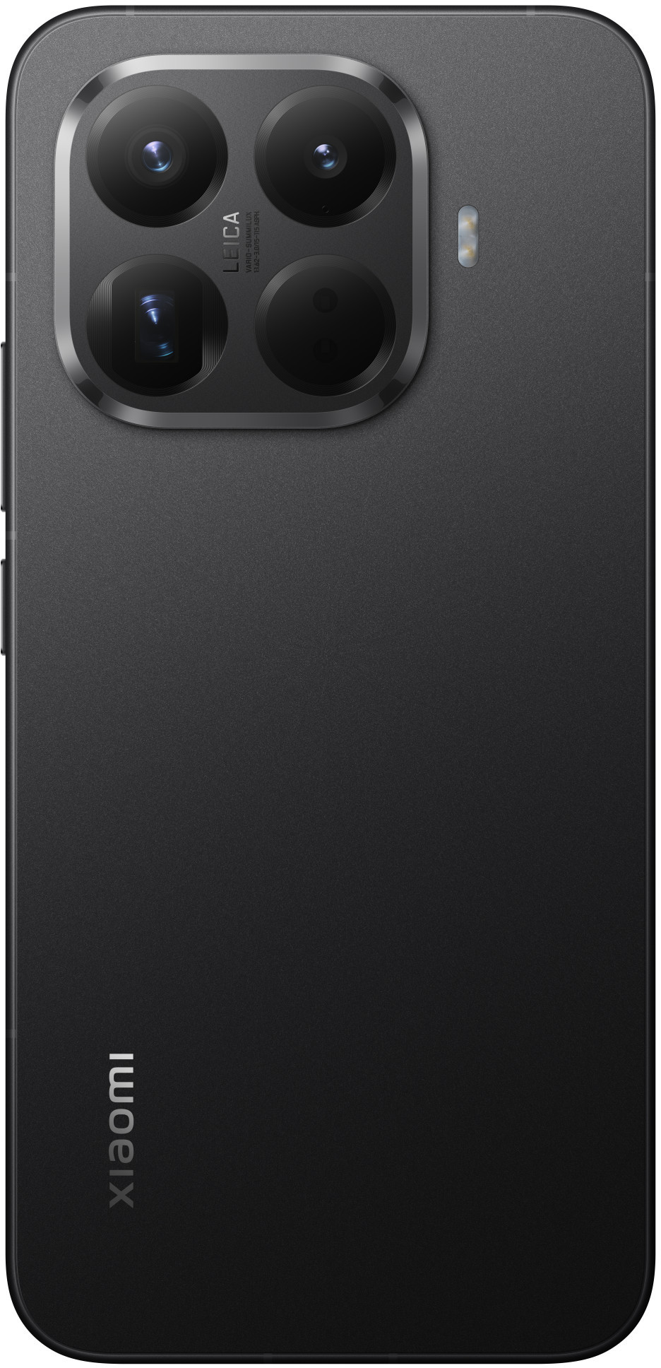 Czarny tył smartfona z poczwórnym aparatem Leica. Logo Xiaomi na dole, tył matowy.