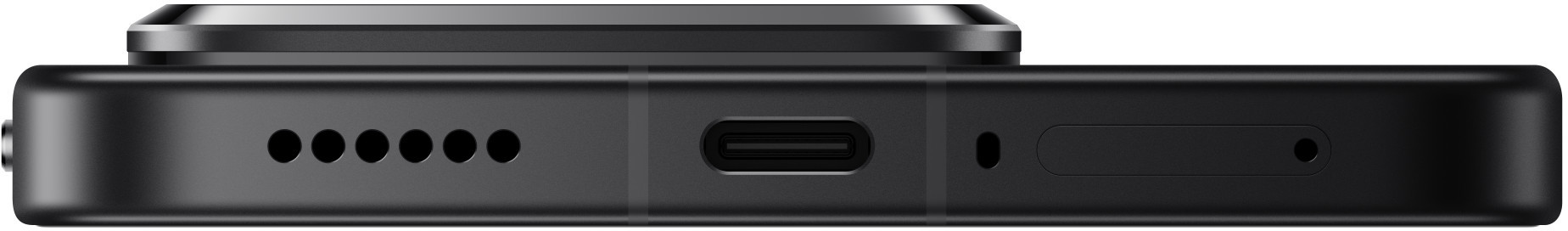 Zbliżenie czarnej podstawy urządzenia, z szeregiem otworów, portem USB-C i otworem.