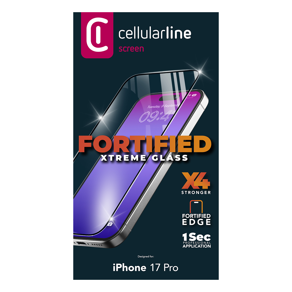 Das Bild zeigt ein Telefon mit Displayschutzfolie. Text beinhaltet 'FORTIFIED XTREME GLASS', 'iPhone 17 Pro' und 'X4 STRONGER'.