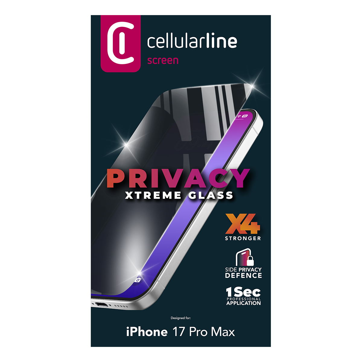 Ein Displayschutz mit der Aufschrift 'PRIVACY XTREME GLASS'. Erwähnt auch iPhone 17 Pro Max. Der Hintergrund ist dunkelblau.