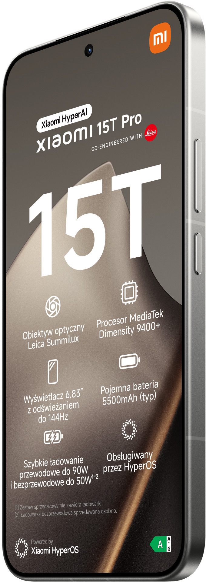 Telefon z ekranem wyświetlającym funkcje, takie jak wyświetlacz 6,83", procesor MediaTek i aparat Leica.
