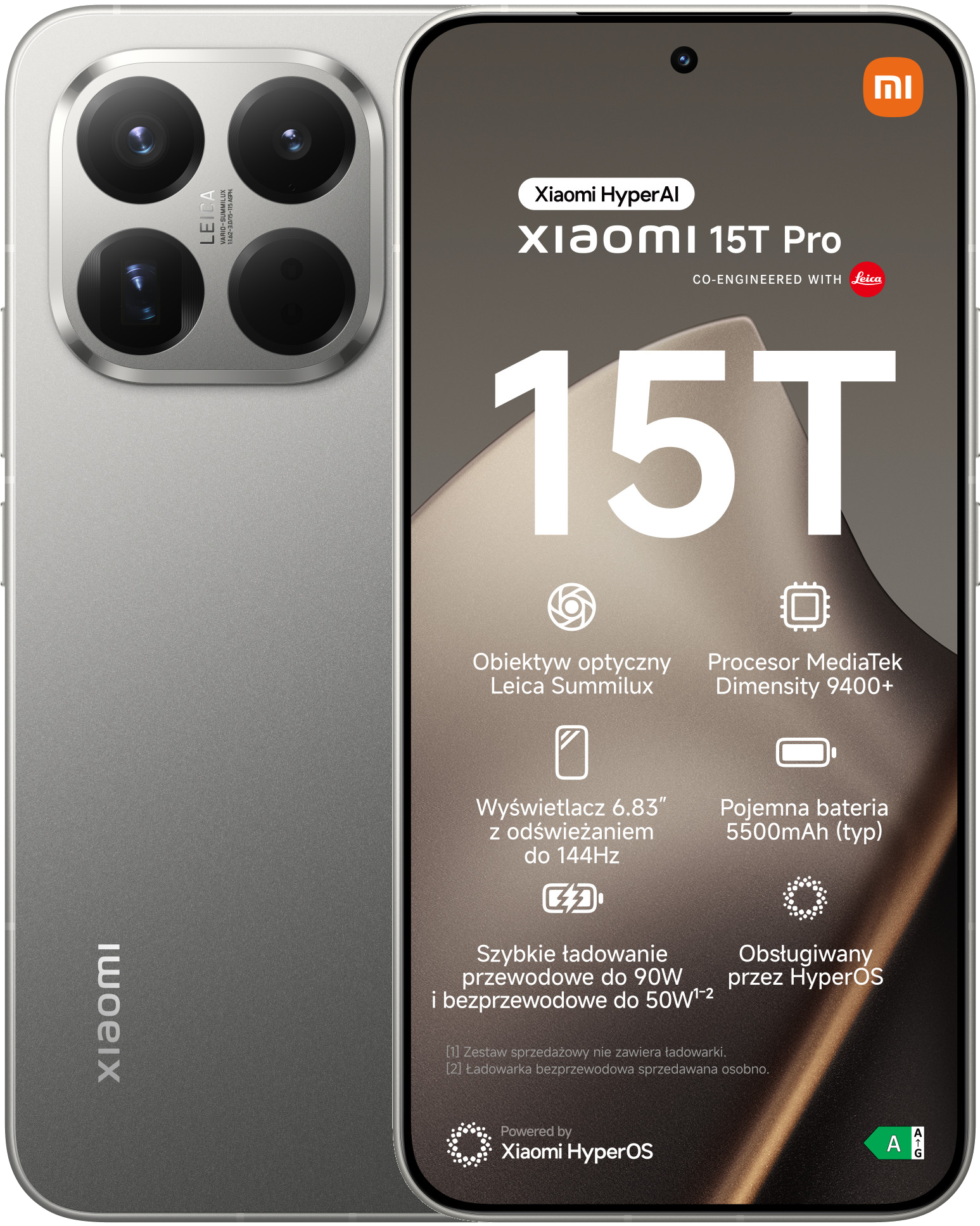 Telefon Xiaomi 15T Pro. Posiada system aparatu Leica i duży wyświetlacz. Obecne są również szczegóły dotyczące baterii i ładowania.