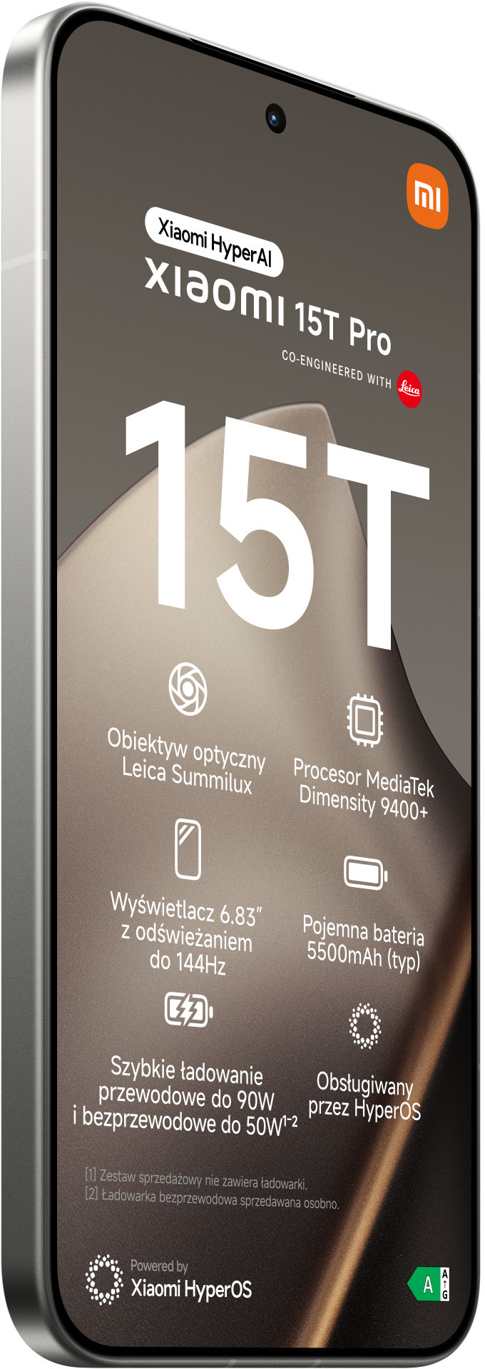 Telefon Xiaomi 15T Pro z dużym wyświetlaczem i wymienionymi specyfikacjami. Telefon ma srebrną ramkę z ciemnym tłem.