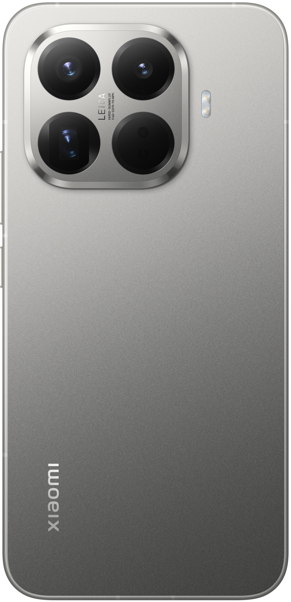 Szary smartfon Xiaomi z czterema obiektywami, lampą błyskową i logo Xiaomi. Telefon ma metaliczne wykończenie.
