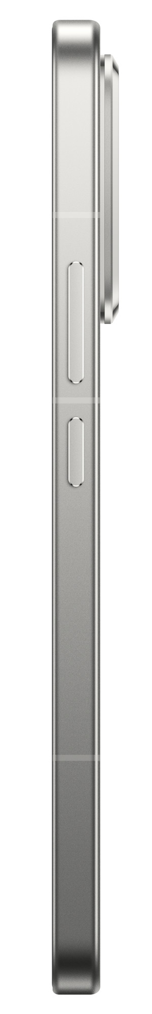 Widok z boku srebrnego smartfona z przyciskami i wypukłością aparatu, na białym tle.