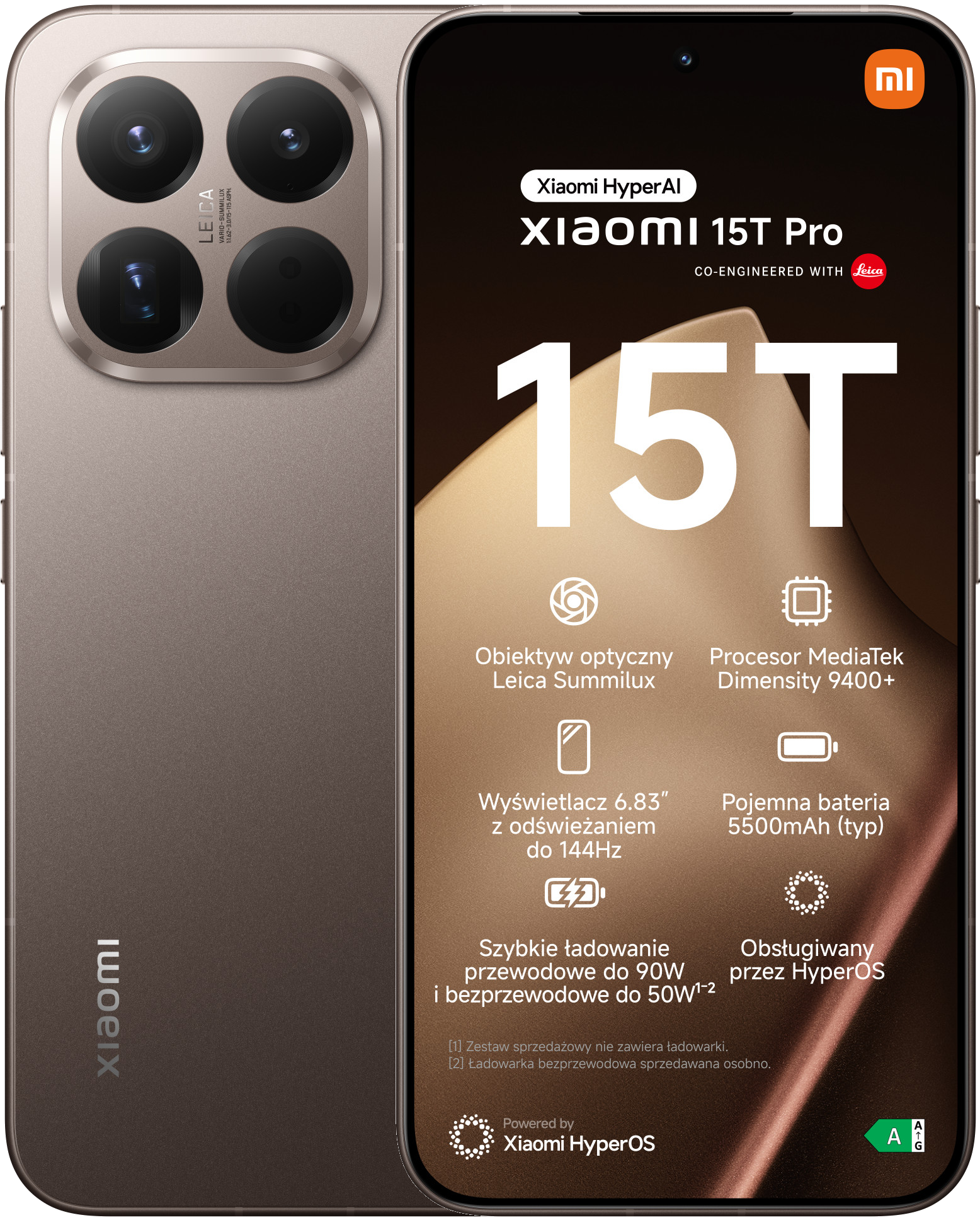 Telefon Xiaomi 15T Pro. Funkcje obejmują optykę Leica, duży ekran i szybkie ładowanie. Telefon ma brązowy tył.