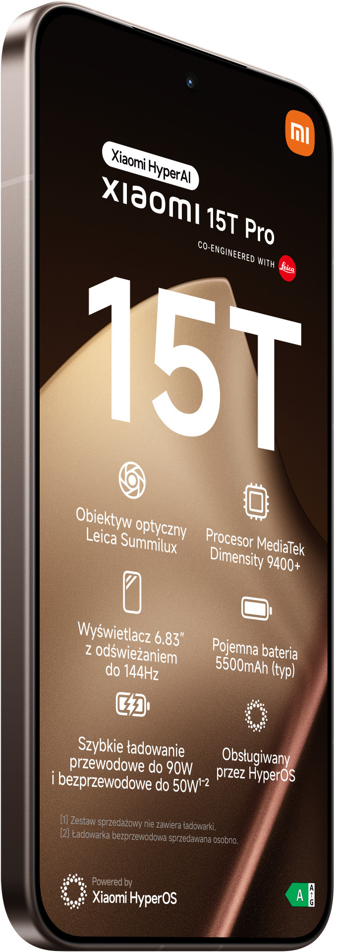 Wyświetlany jest telefon Xiaomi 15T Pro z tekstem podkreślającym funkcje, takie jak optyka Leica i szybkie ładowanie.