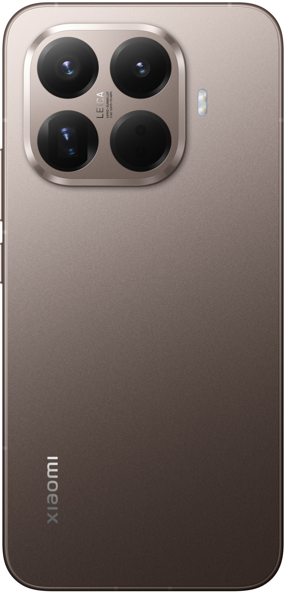 Tył brązowego smartfona z czterema obiektywami aparatu, lampą błyskową i logo Xiaomi. Nowoczesny design.