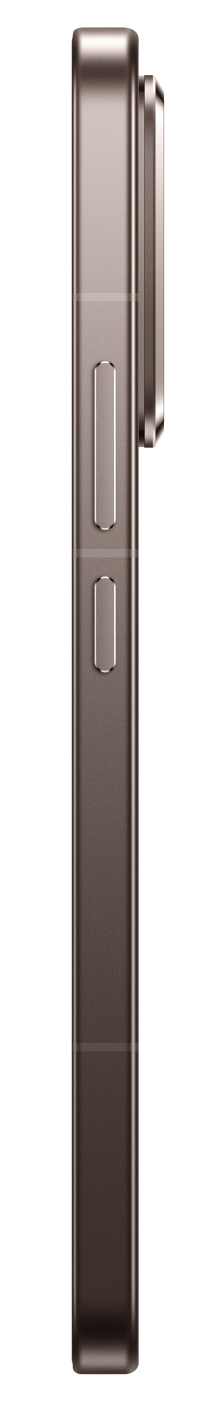 Widok z boku brązowego smartfona. Ma wypukłość kamery i przyciski z boku. Tło jest białe.