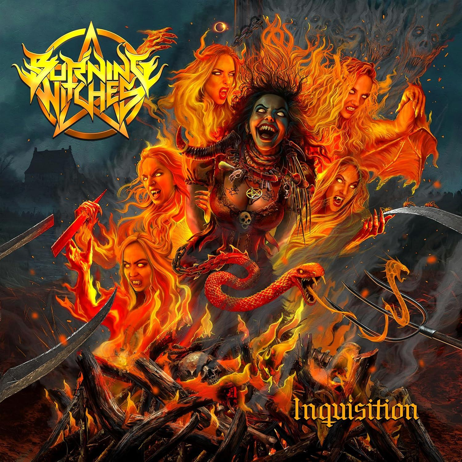 Albumcover mit feurigen Hexen, Flammen, Schlangen und einem brennenden Scheiterhaufen, mit einem Pentagramm-Logo und dem Wort 'Inquisition'.