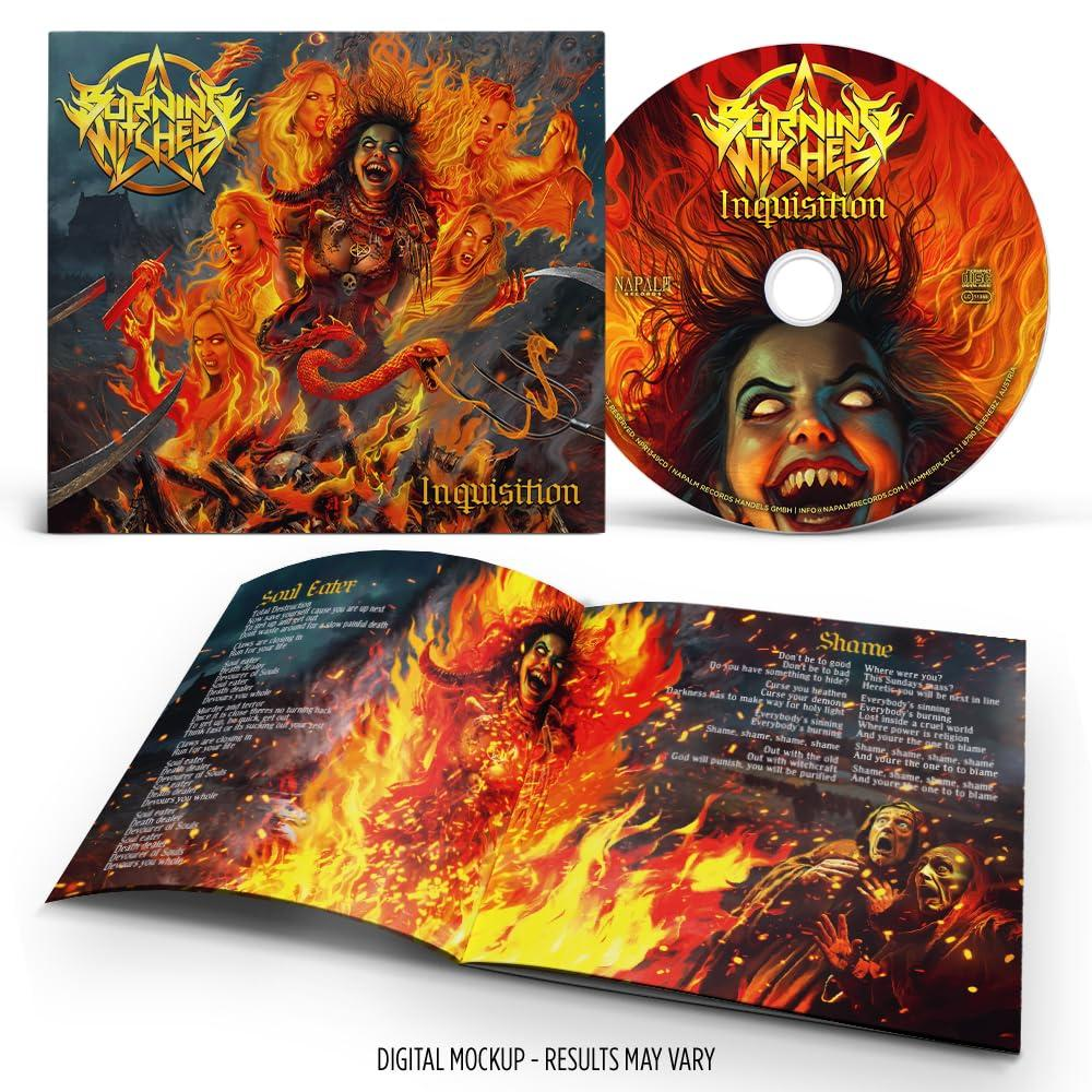 CD-Hülle und -Disc mit feurigen Bildern und dämonischen Figuren. Albumtitel 'Inquisition' ist sichtbar. Burning Witches Logo.
