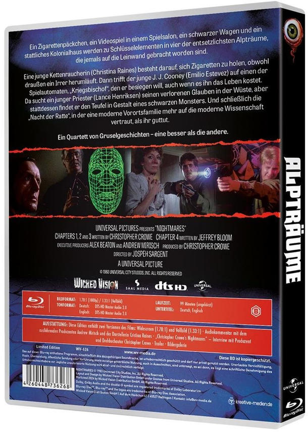 DVD-Cover von Nightmares. Mit grünem Gesicht, Schauspielern und Textdetails. Der Titel 'Alpträume' ist sichtbar.
