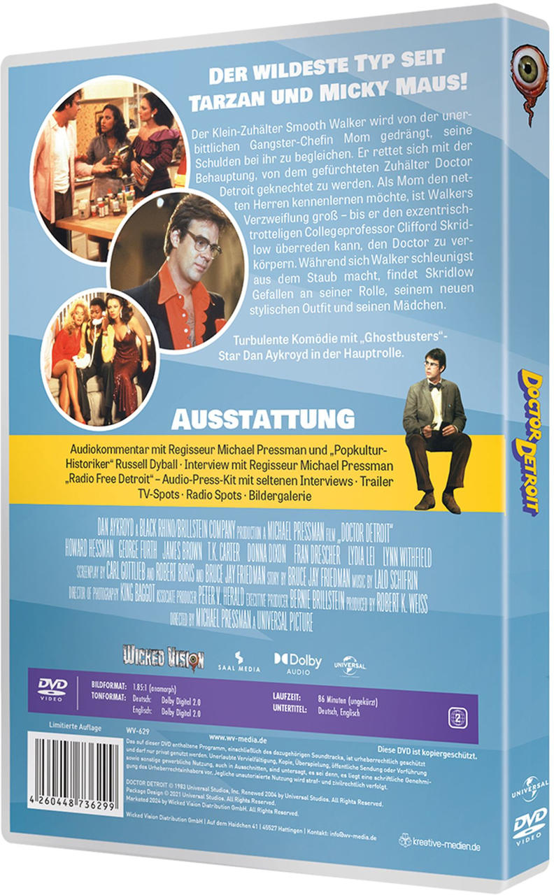 DVD-Hülle von Doctor Detroit. Enthält Schauspieler und Zusammenfassung, mit blauem Hintergrund und Wicked Vision Logo.
