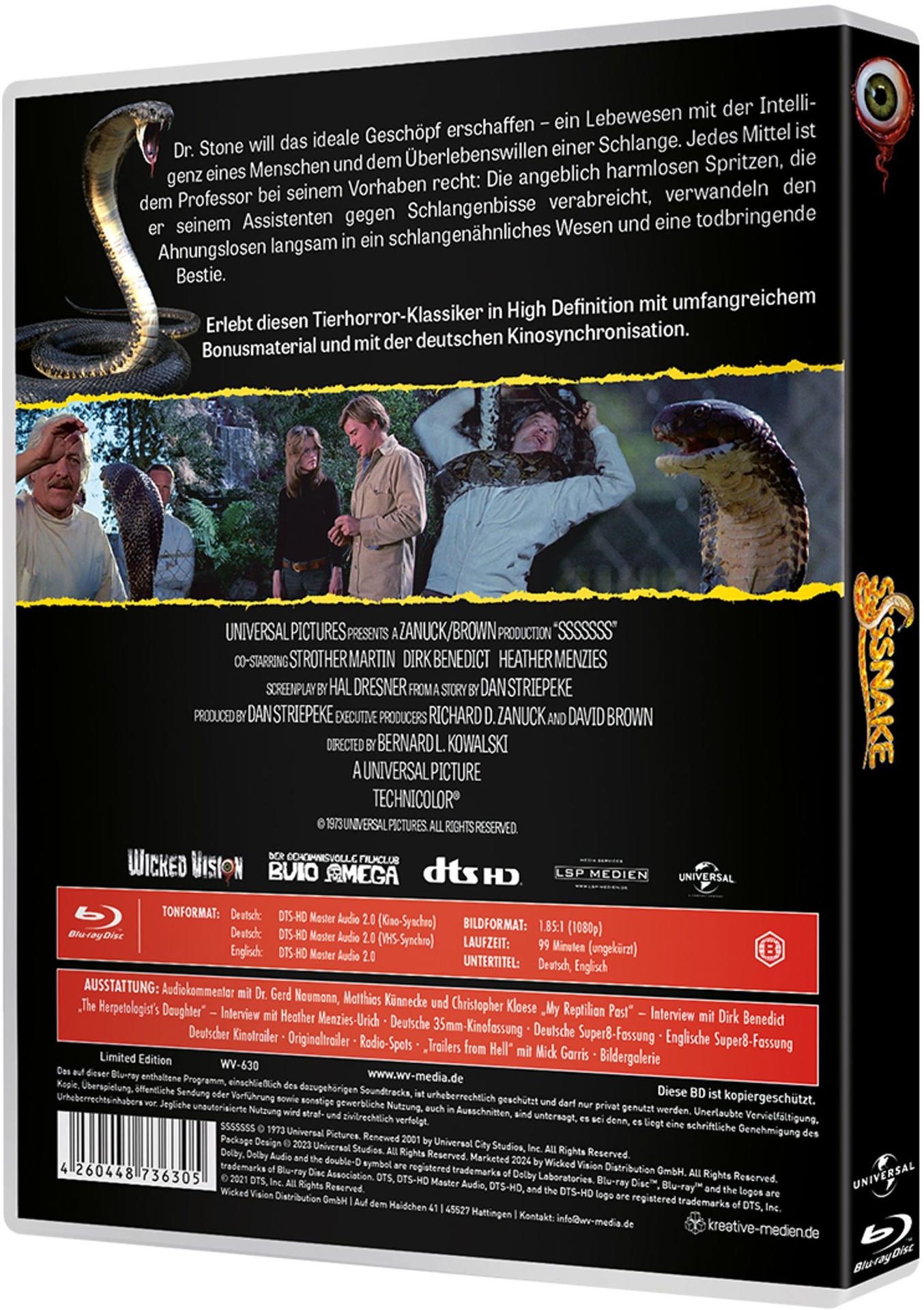 Blu-ray-Hülle für den Film Sssssss, mit einer Schlange und Schauspielern. Text auf Deutsch und Englisch.