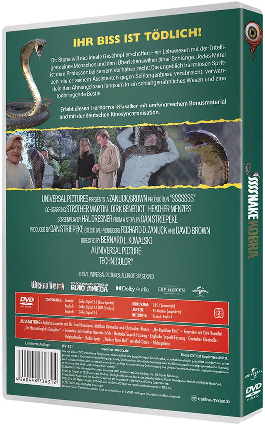 DVD-Cover von Ssssssnake Kobra. Eine Kobra mit offenem Maul, Menschen und Text. Grüner Hintergrund.