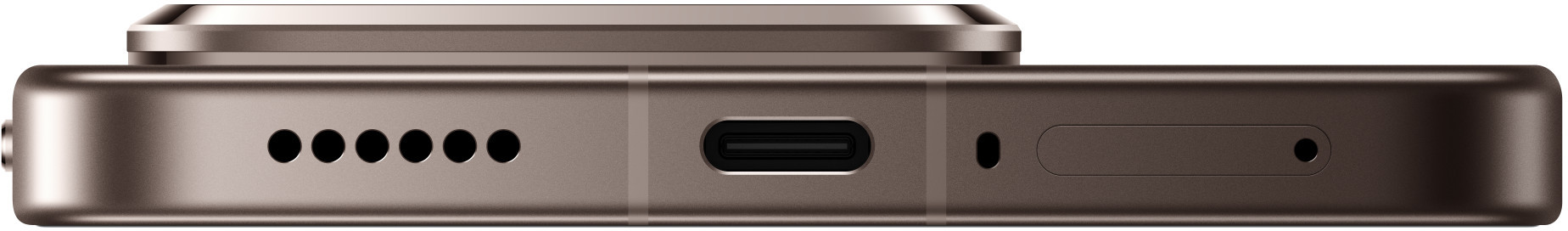 Zbliżenie dolnej krawędzi brązowego telefonu. Pokazuje otwory głośników, port USB-C i inne małe otwory.