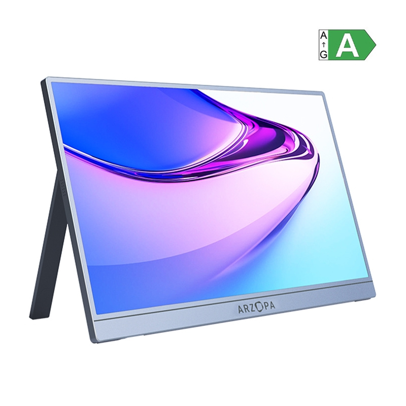 Egy ezüst tablet színes képernyővel, amelyet egy állvány támaszt alá. Egy 'A' energia címke a jobb felső sarokban.
