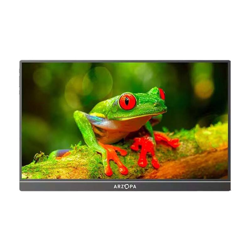 Egy zöld levelibéka vörös szemekkel ül egy mohás ágon, egy monitor képernyőjén látható.