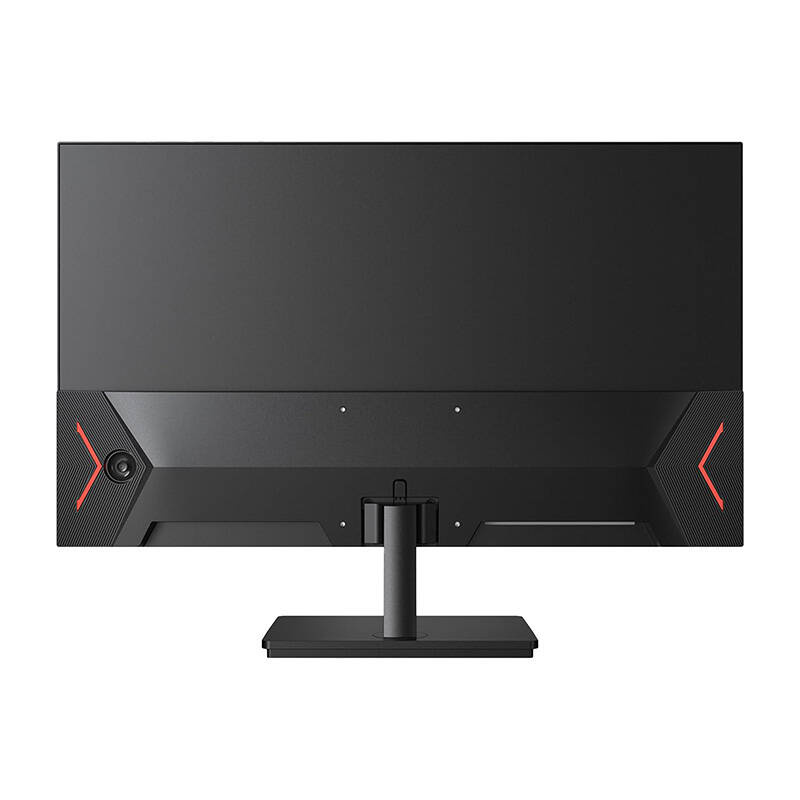 Fekete számítógép monitor hátulnézete. Állványa, csatlakozói és piros díszítései vannak az oldalán.