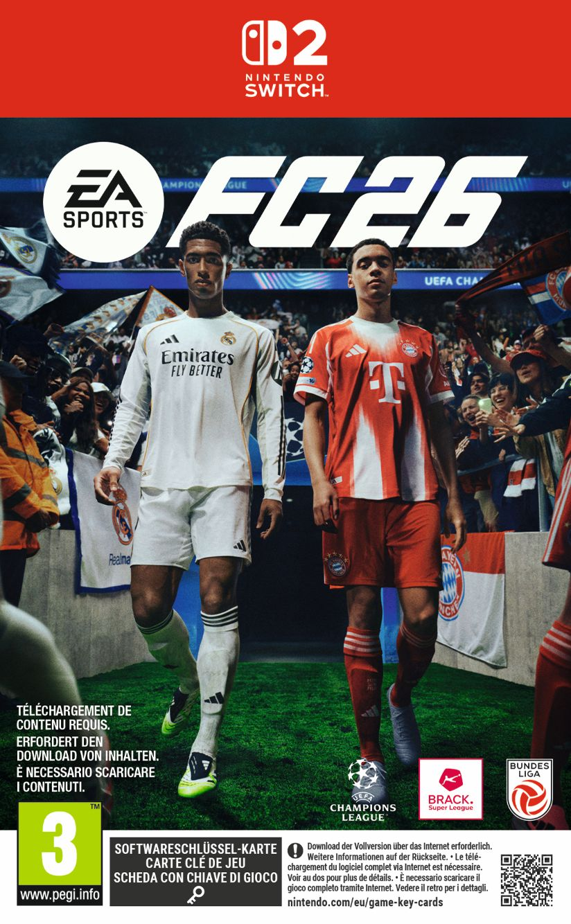 Spielcover mit zwei Fußballspielern, einem in Weiß, einem in Rot, mit dem Spieltitel FC26. Nintendo Switch Logo oben.