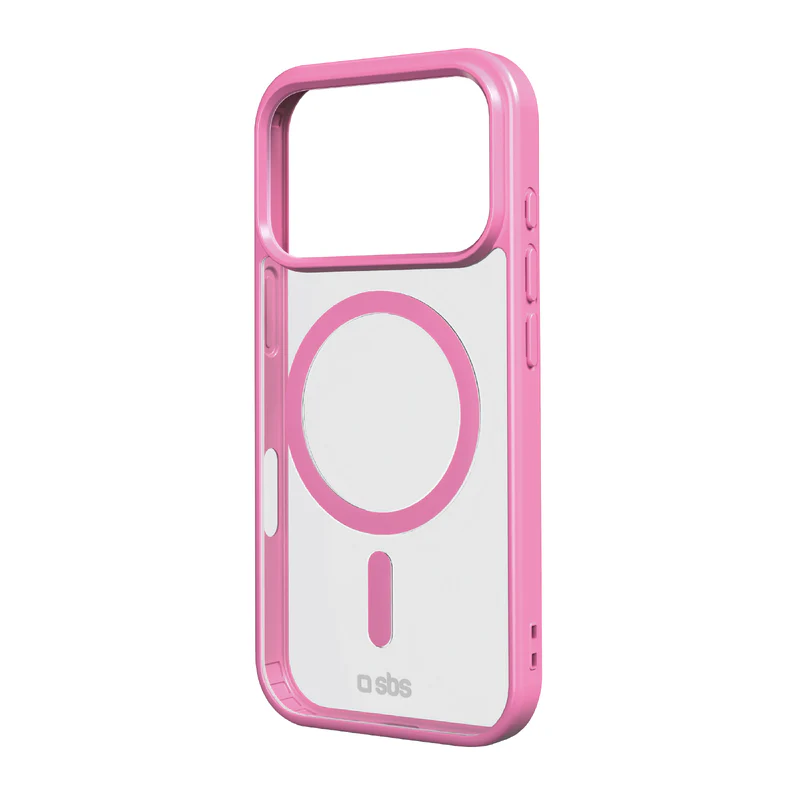 Eine pinkfarbene Handyhülle mit einem transparenten Zentrum, einem kreisförmigen Design und einer länglichen Form. Das Markenlogo ist unten sichtbar.