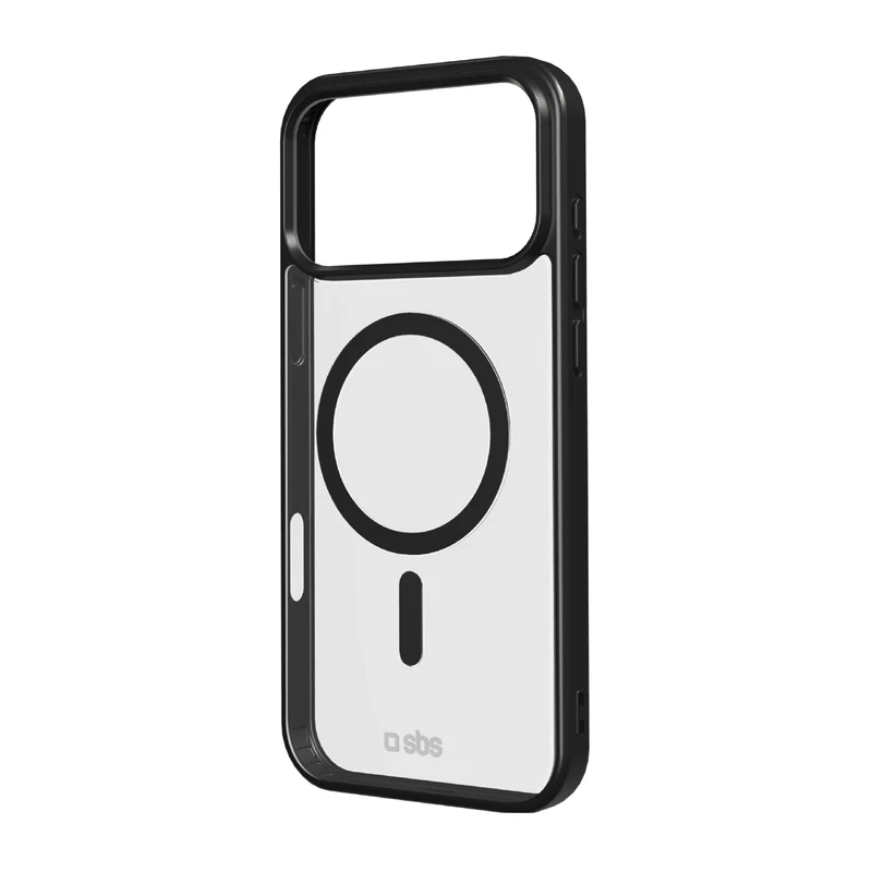 Eine transparente Handyhülle mit schwarzem Rand. Verfügt über ein kreisförmiges Design in der Mitte und das Logo 'sbs' unten.