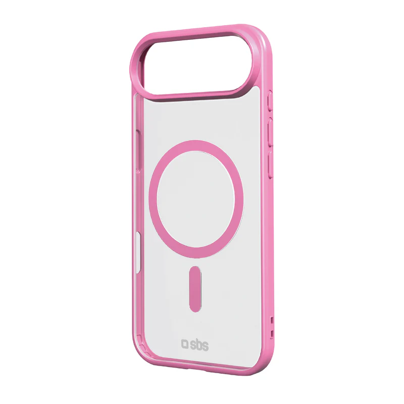 Eine pinkfarbene Handyhülle mit durchsichtigem Rücken. Sie hat ein kreisförmiges und ein rechteckiges Design. Das Markenlogo ist sichtbar.