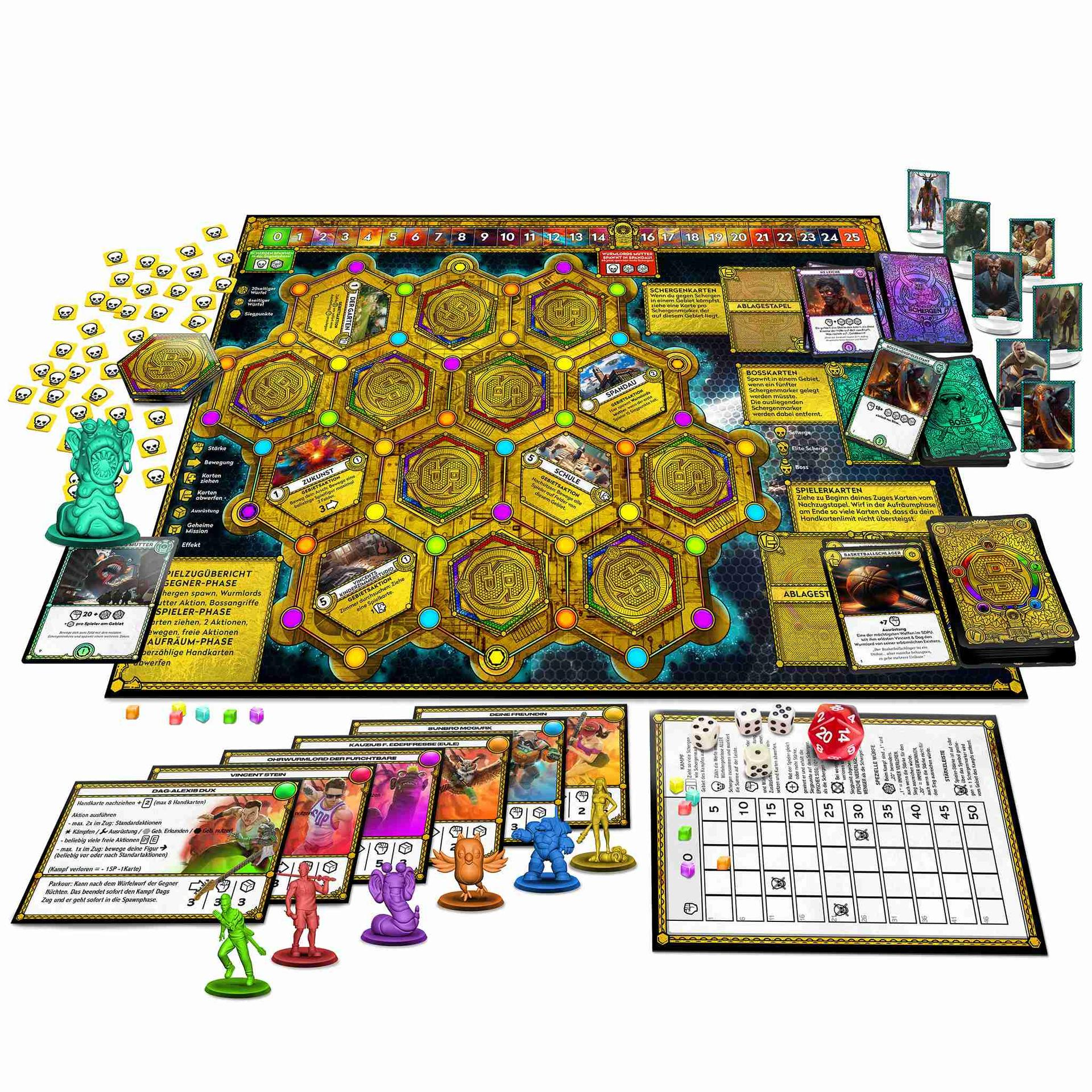 Brettspiel mit Karten, Würfeln und Figuren. Sechseckiges Brett mit Karten und Figuren.