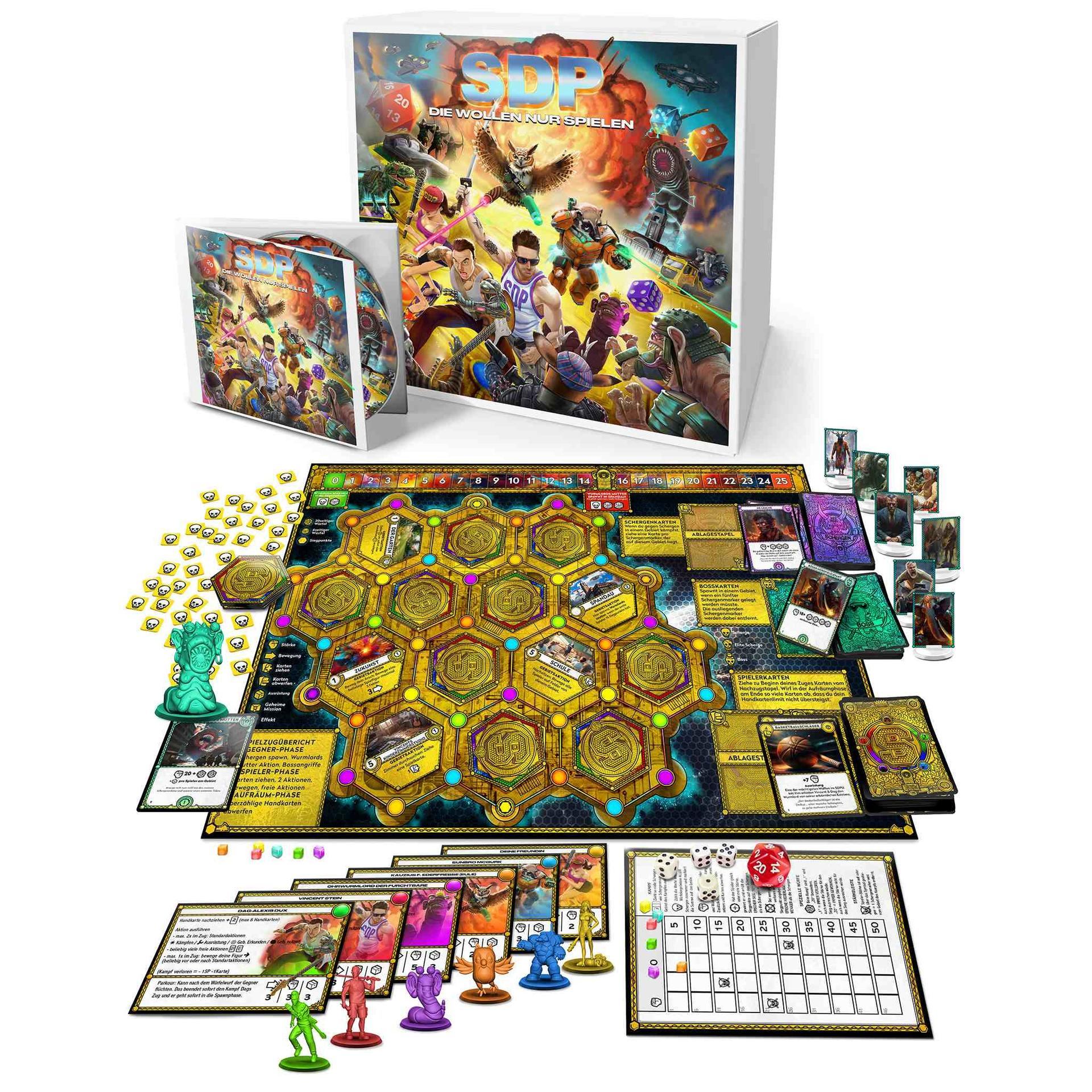 Brettspielbox und -komponenten werden angezeigt. Es zeigt farbenfrohe Illustrationen, Spielsteine und ein Spielbrett.