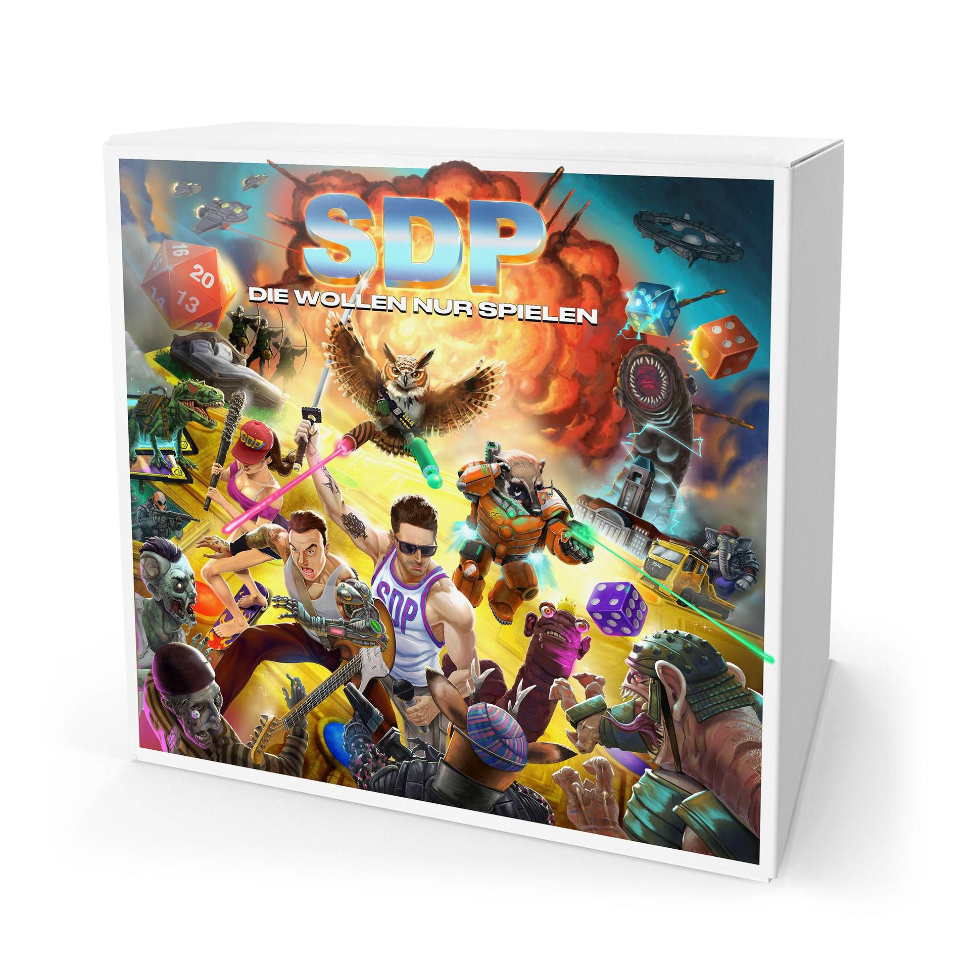 Boxart zeigt eine feurige Szene mit verschiedenen Charakteren, Würfeln und dem Text 'SDP Die Wollen Nur Spielen'.