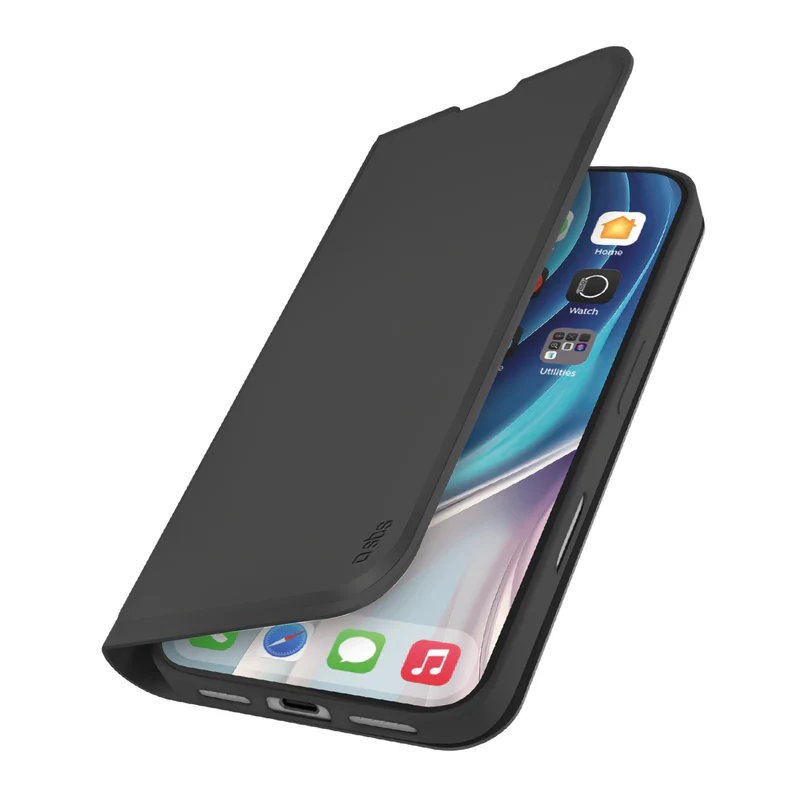 Schwarze Handyhülle mit geöffneter Klappe, die einen Telefonbildschirm mit App-Symbolen freigibt. Der Hintergrund ist weiß.