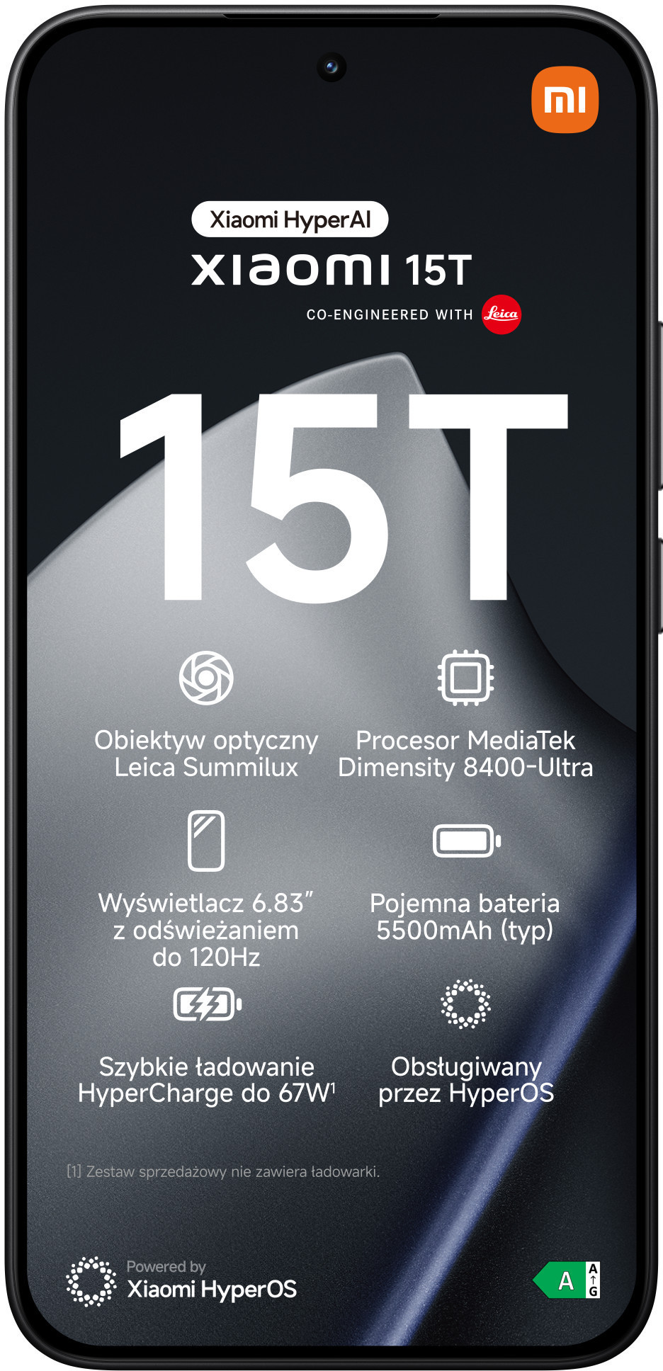 Czarny telefon Xiaomi 15T. Wyświetla specyfikacje, w tym aparat, procesor, ekran, baterię i szczegóły ładowania.